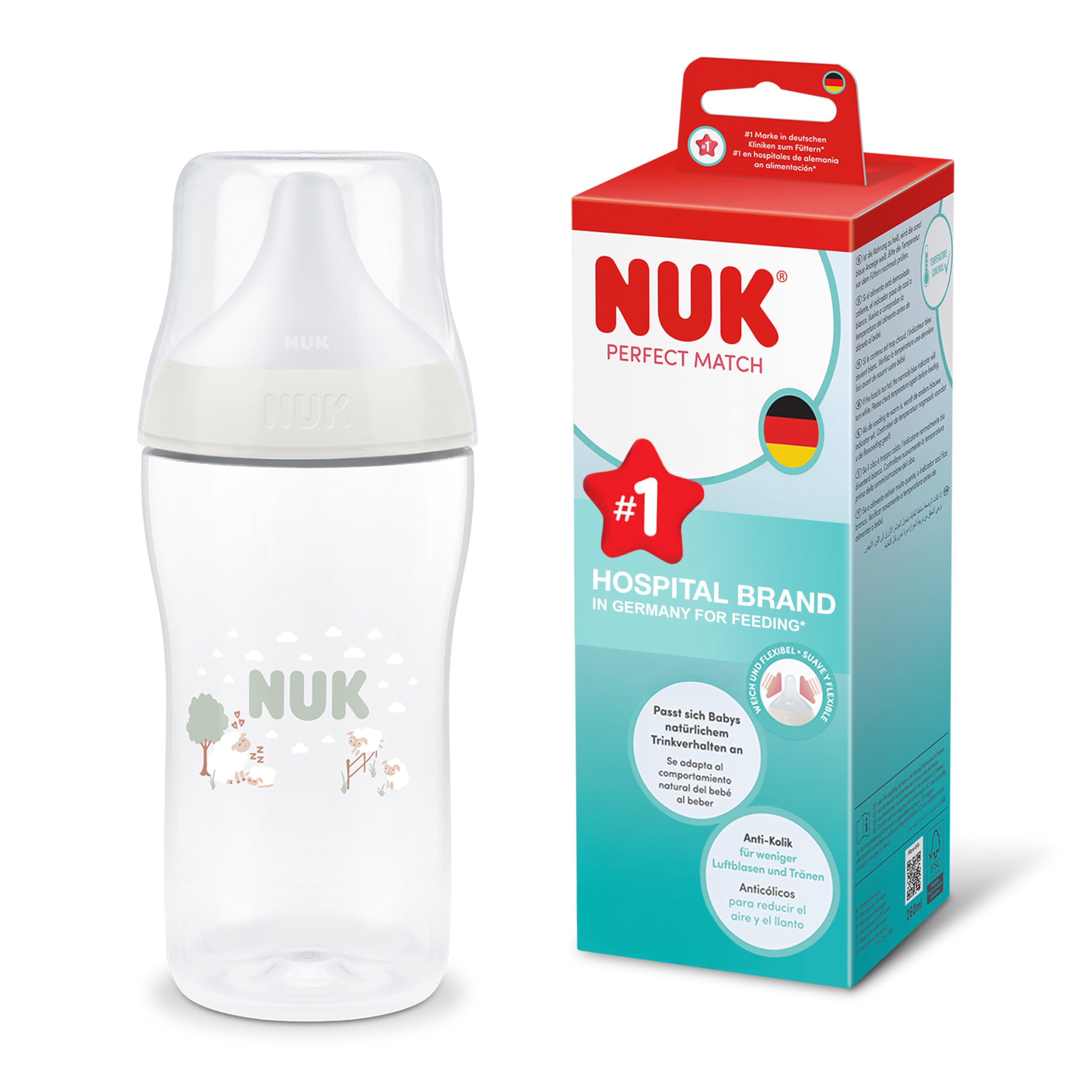 NUK Perfect Match Baby Bottle | 3+ Months | 260ml | Anti Colic Feeding Bottle | PP | Temperature Control Indicator | Sheep | 1 Count