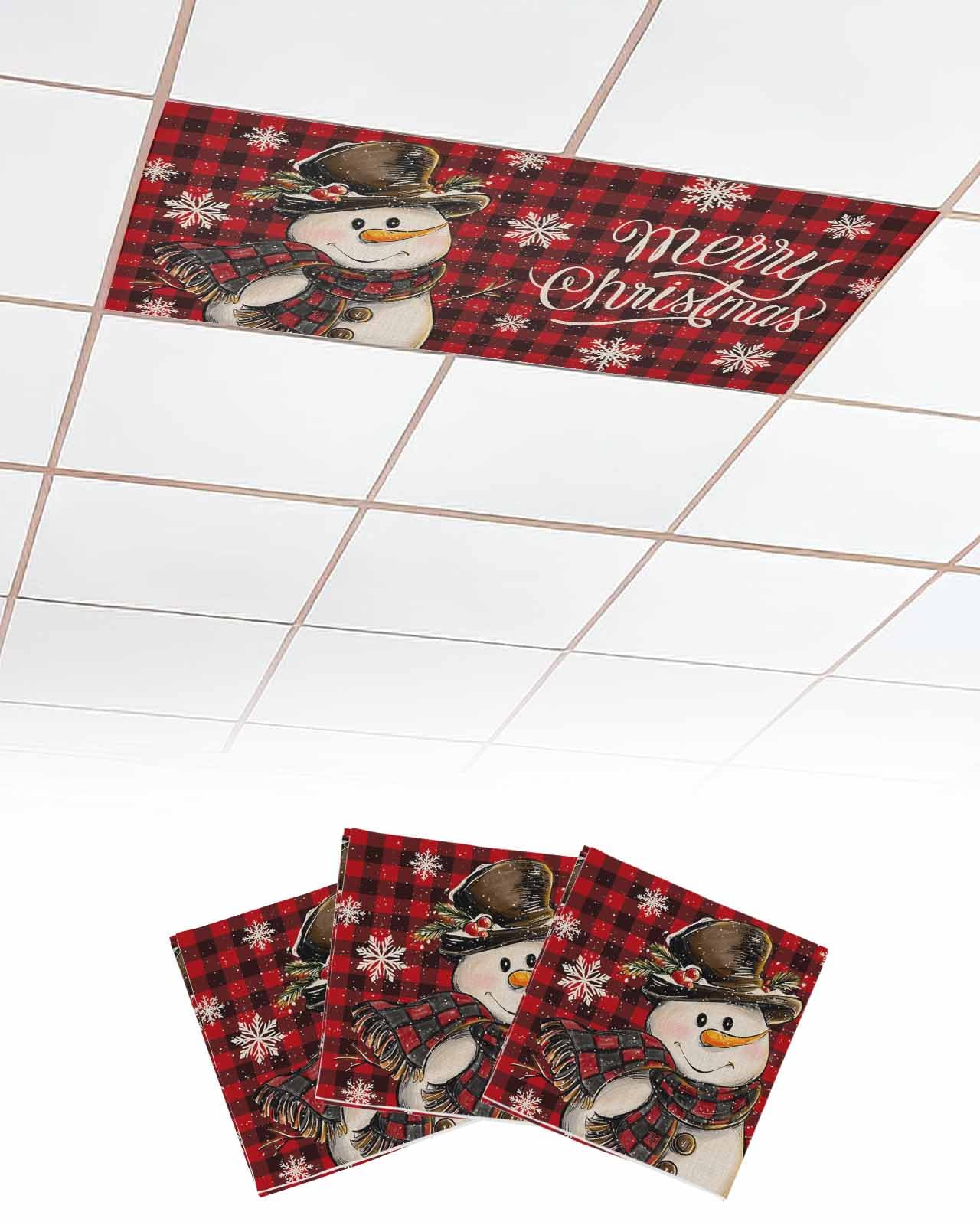 EwdeWwo Merry Christmas 3 Pcs Fluorescent Light Covers for Ceiling Lights, Red Buffalo Plaid Snowman Snowflake Magnetic Light Filters for Eliminate Harsh Glare Classroom Office Decoration, 4 x 2 Ft