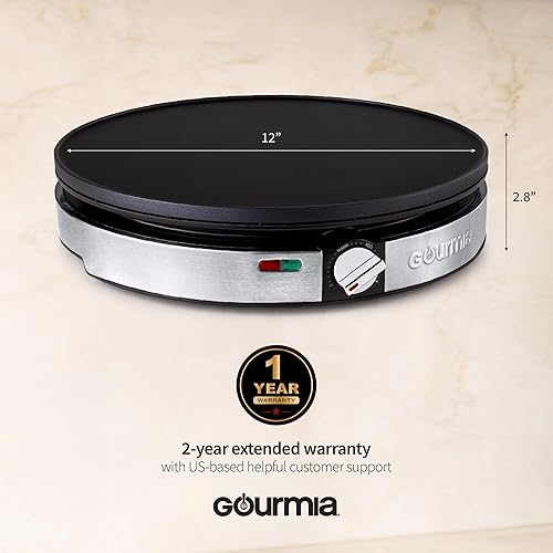 Miniatura 7 de Gourmia Máquina de crepas de 12 pulgadas, plancha eléctrica antiadherente para panqueques, tortillas y más, control preciso de temperatura con luces