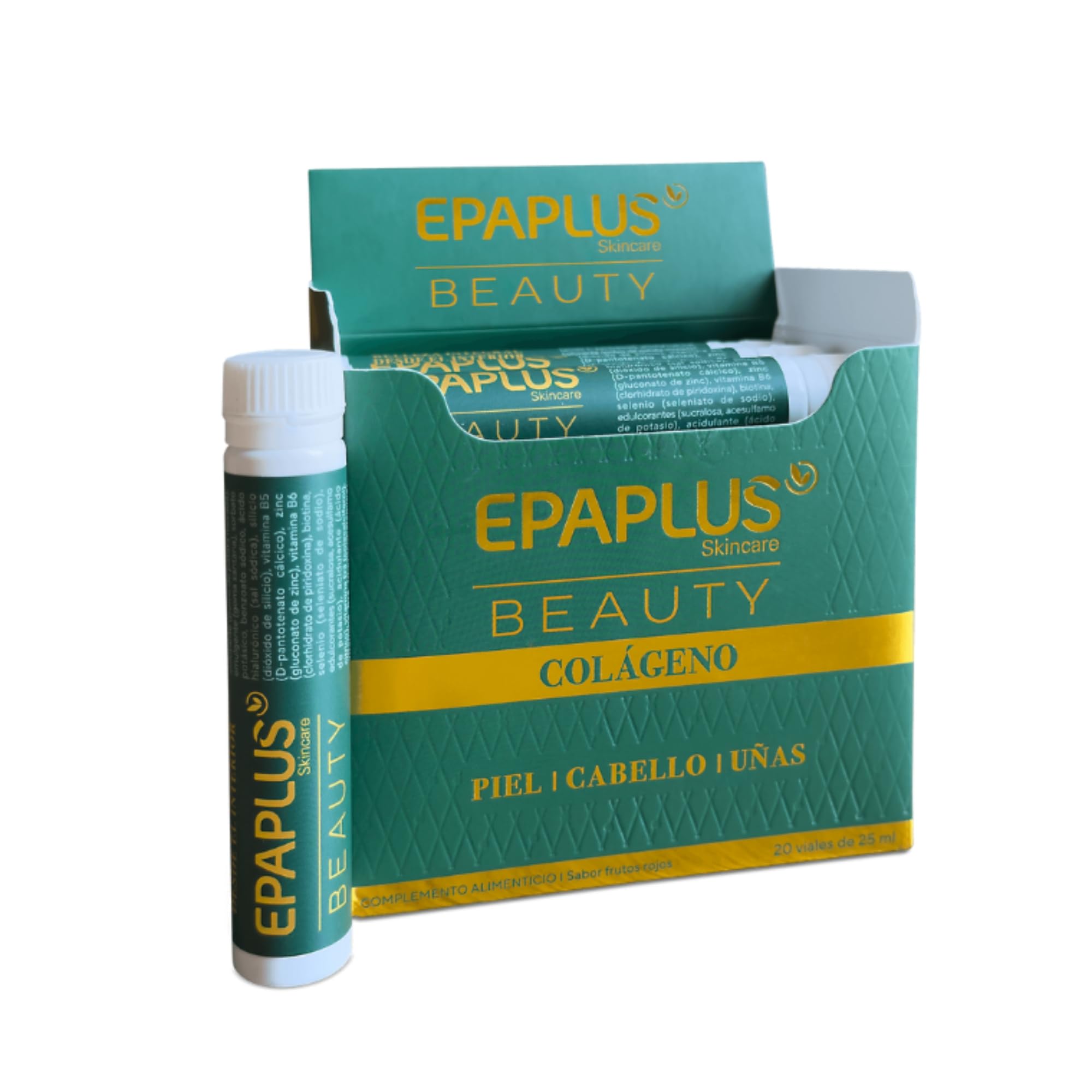 EPAPLUS Beauty | Colágeno Líquido con Ácido Hialurónico, Vitaminas y Minerales | Para Piel, Cabello y Uñas | Rutina de Cuidado Desde el Interior | 20 Viales de 25 ml | Sabor Frutos Rojos