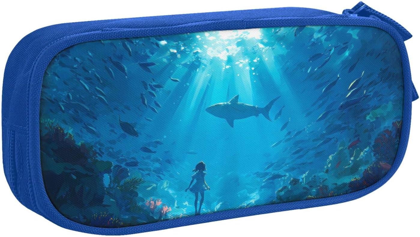 Anime Shark And Underwater Ocean Multi Slot Double Layer Storage Bag Portable Oxford Cloth Zipper Organizer Pouch for Office Supplies Tools Travel Daily Use