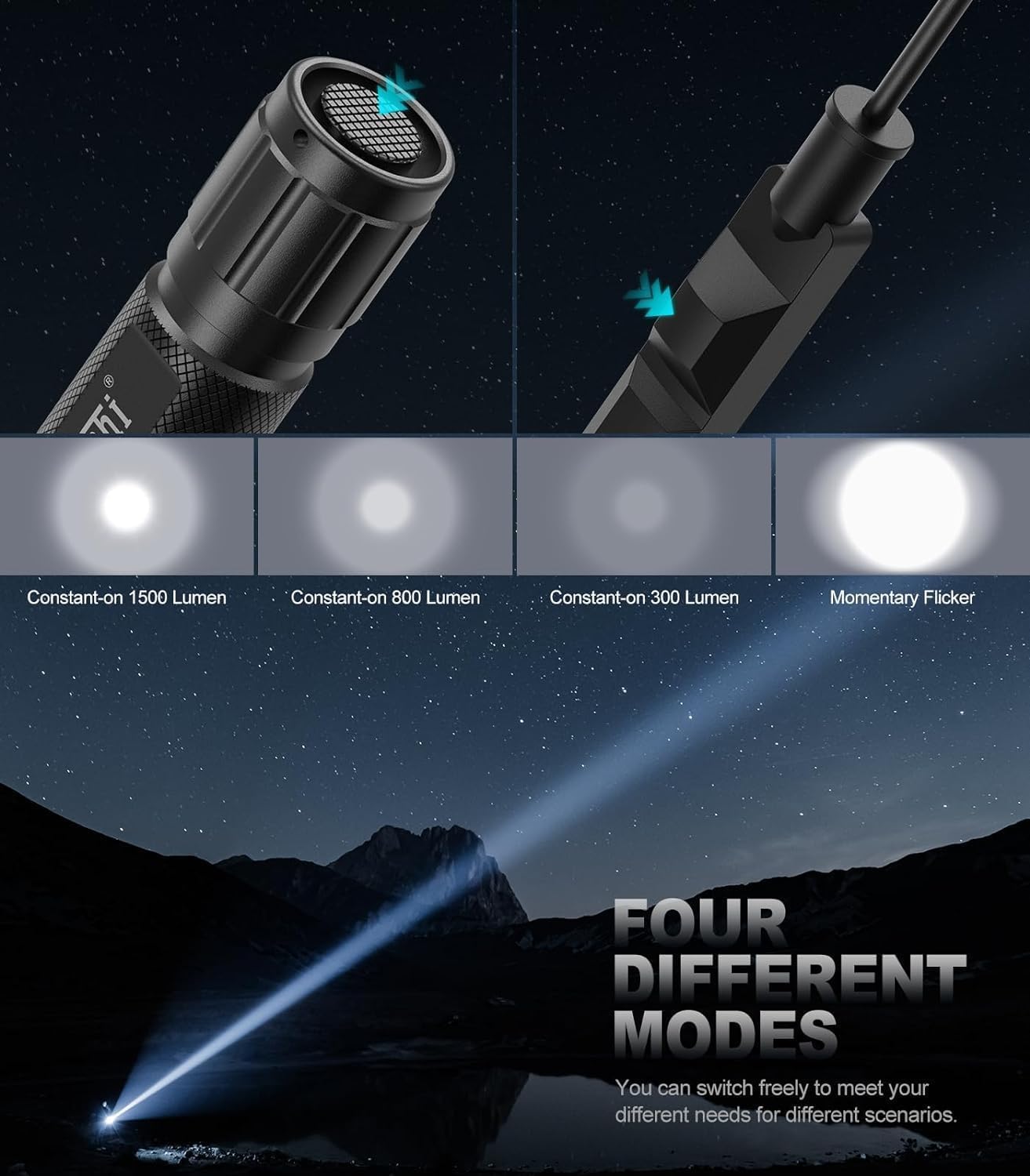 Feyachi FL37 Lampe de poche LED, 1500 lumens, extrêmement lumineuse, étanche IPX7, pour camping, pêche, urgence, extérieur