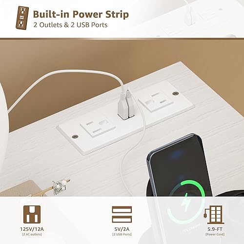 Vista 6 de Mesa de Tocador Blanca con Espejo y Luz - Juego de Tocador de Maquillaje con Silla, Almacenamiento, Espejo Iluminado, 8 Cajones Grandes de Tela