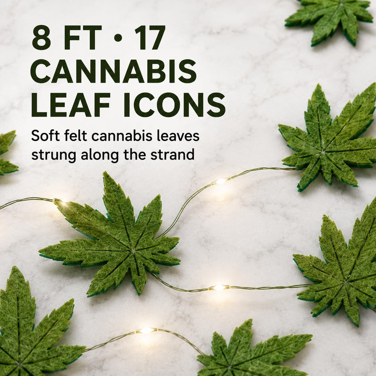 Brightz Felty LED String Lights, 8ft | 17 green weed leaf icons; 420 party decorations, dorm decor & gag gift; battery fairy lights