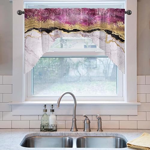 Miniatura 6 de Cortina, cenefa de mármol rosa oscuro y 2 niveles, cocina, 3 piezas, bolsillo para barra, 52 x 36 pulgadas, 100% poliéster, apagón, patrón de arte