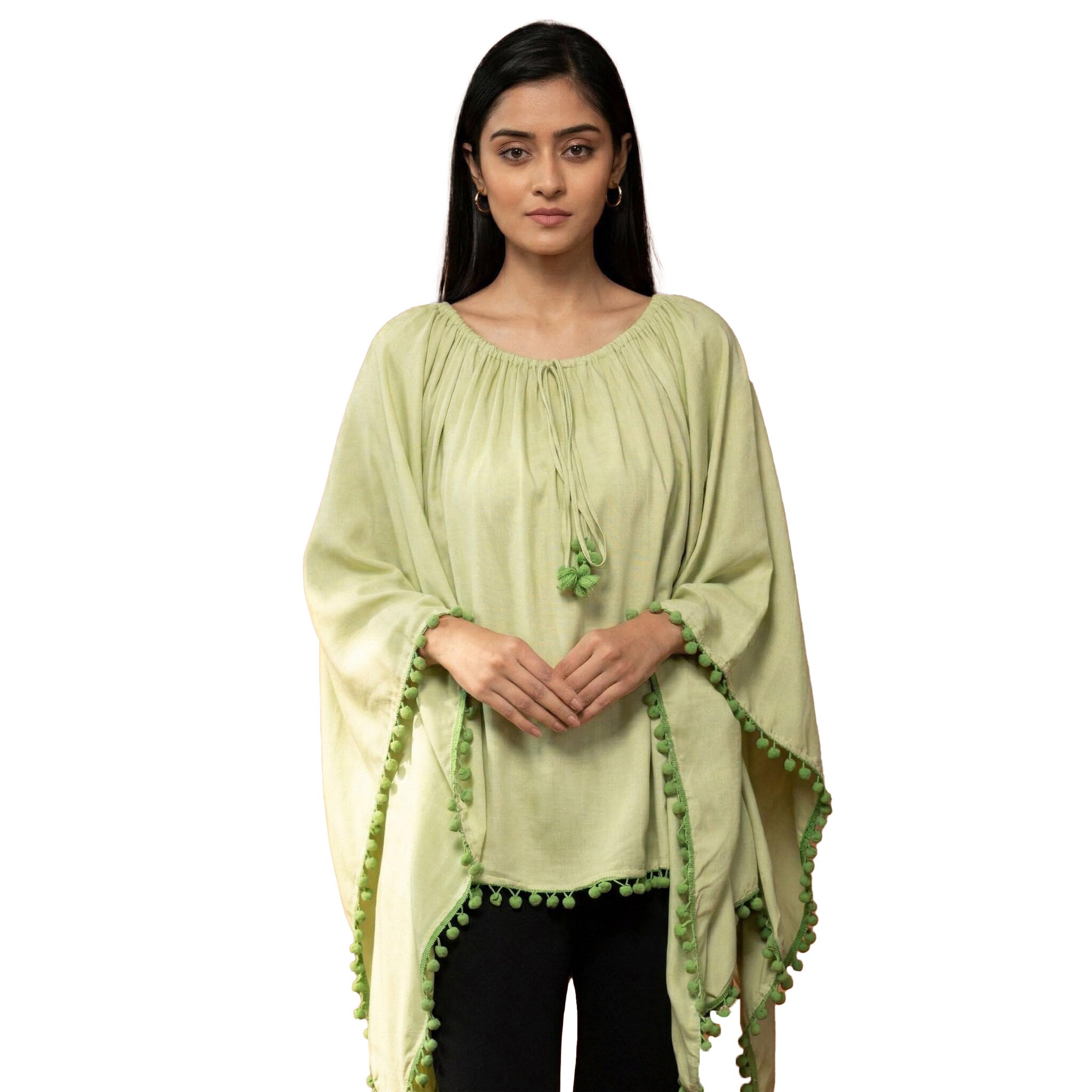 first resort Green Pom Pom Poncho in Viscose Rayon - Top for Women by Ramola Bachchan-picture-10