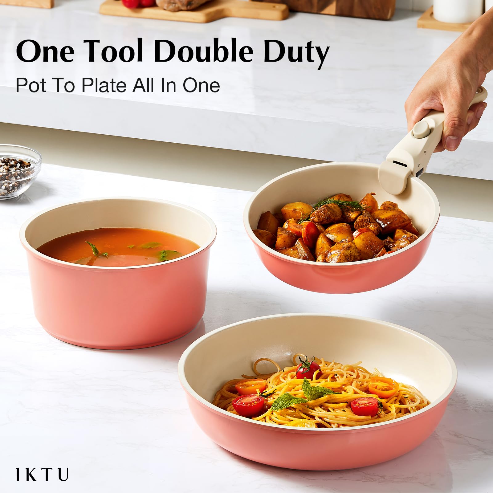 IKTU Set Di Pentole In Ceramica Rosa 5 Pezzi Con Manici Staccabili – Antiaderente, PFAS-free, Per Induzione E Camper