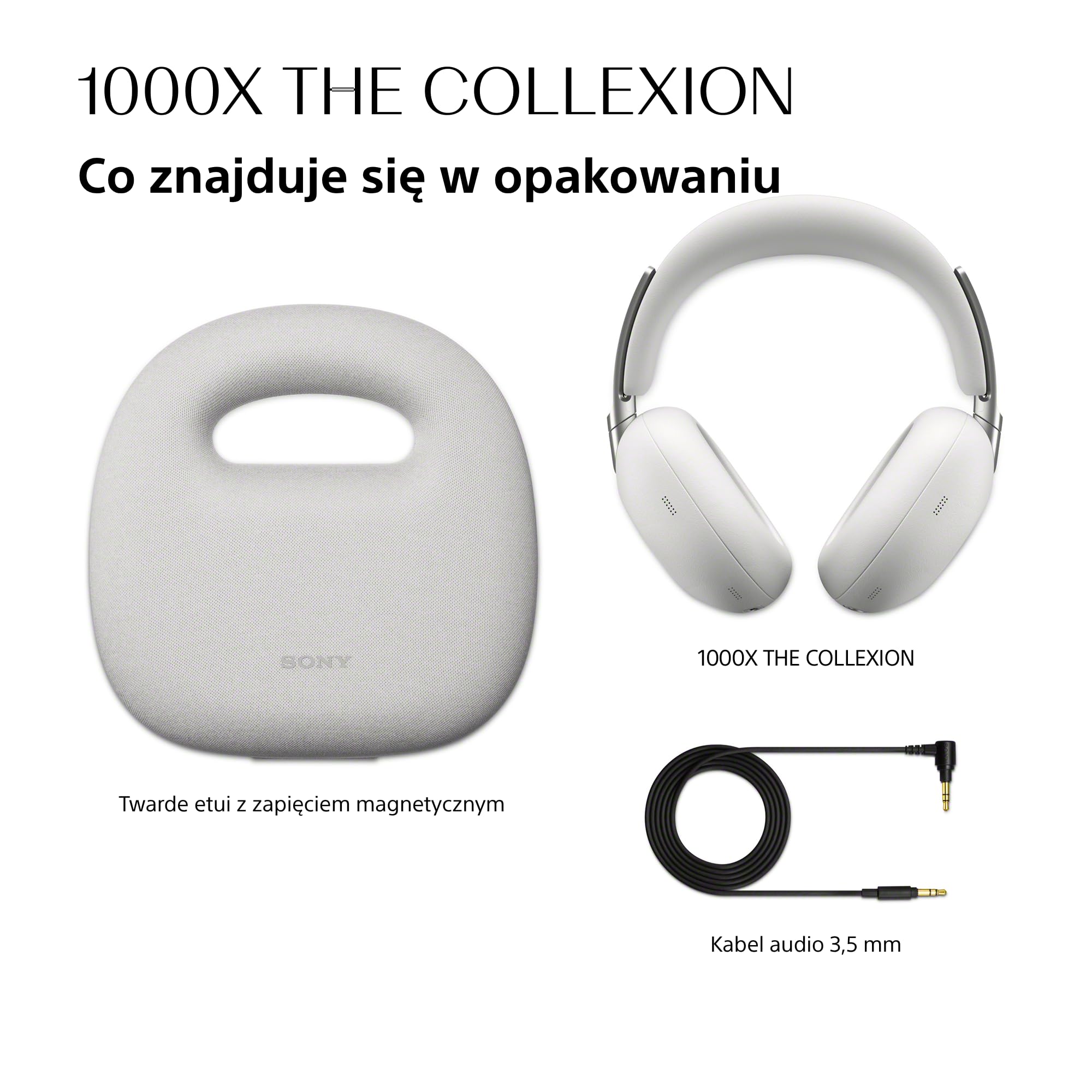 SONY 1000X THE COLLEXION Luksusowe bezprzewodowe słuchawki nauszne Bluetooth, dźwięk Hi-Res, aktywna redukcja hałasu Premium NC, 360 Spatial Audio, etui, iOS & Android, platynowo-białe, nowy model