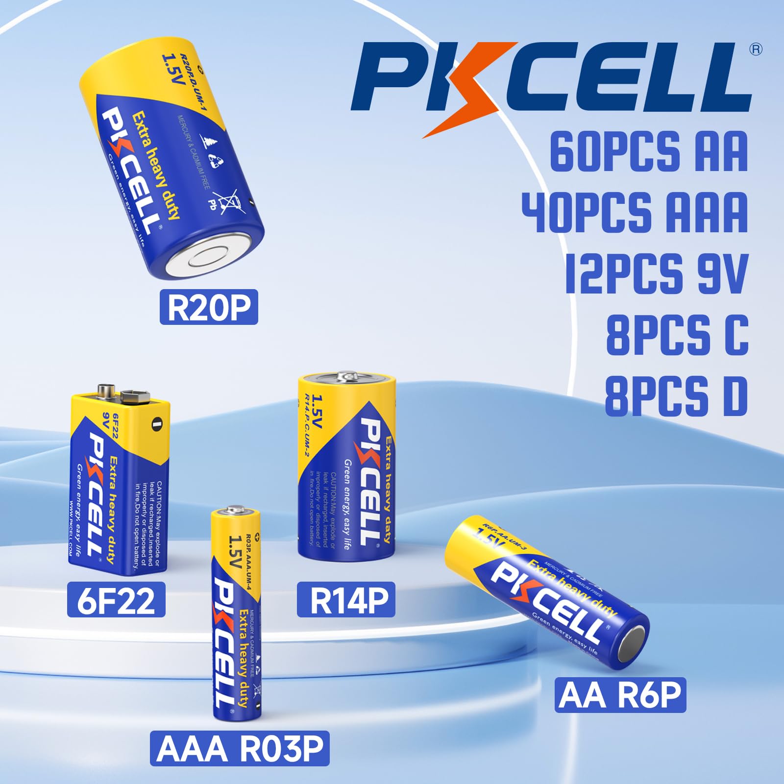PKCELL 128 Counts Batteries Combo Pack, 60-Count AA Batteries, 40-Counts AAA Batteries, 8-Counts C Batteries, 8-Counts D Batteries and 12-Counts 9V Batteries for Household Electronics