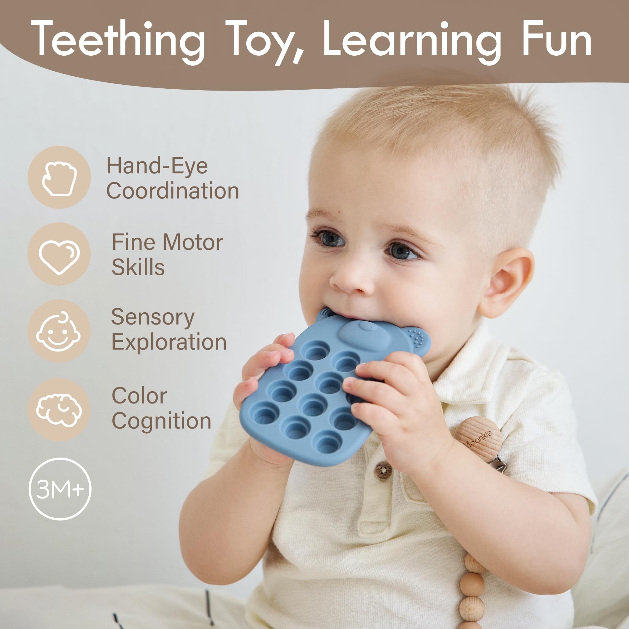 Moonkie Giochi Dentizione Neonato, Telefono in Silicone per 3 Mesi+, Giochi Bambini Pop It, Senza BPA, Giochi Montessori, Massaggia Gengive Neonati, Regalo Neonato Maschio & Femmina(Etere)