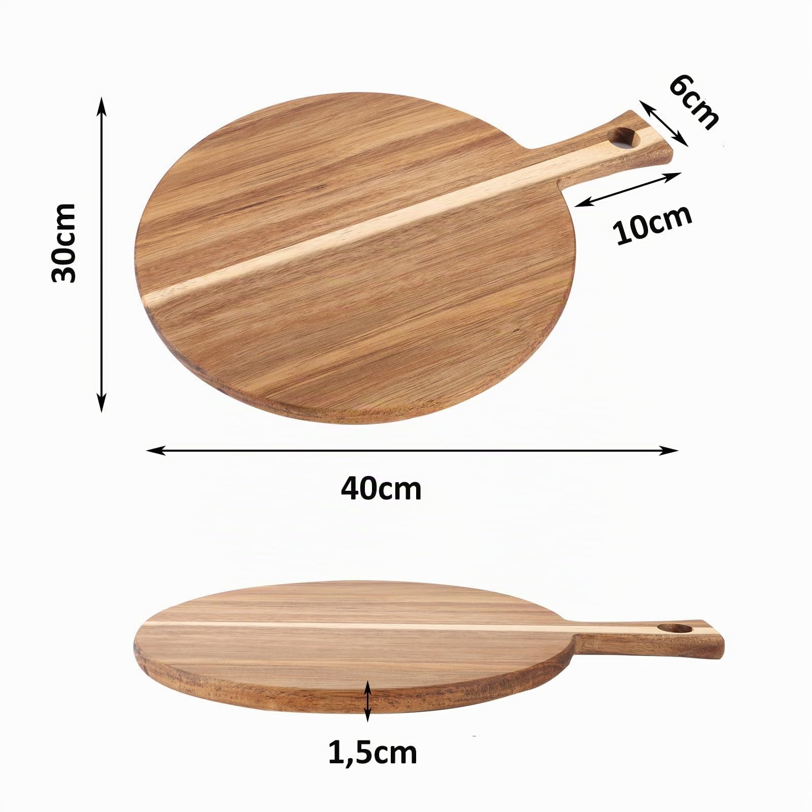Tabla de cortar de madera de acacia con asa, juego de 2 tablas de cortar 30 x 40,5 cm, estante redondo de madera para servir y estante de cocina de madera para pan queso verduras