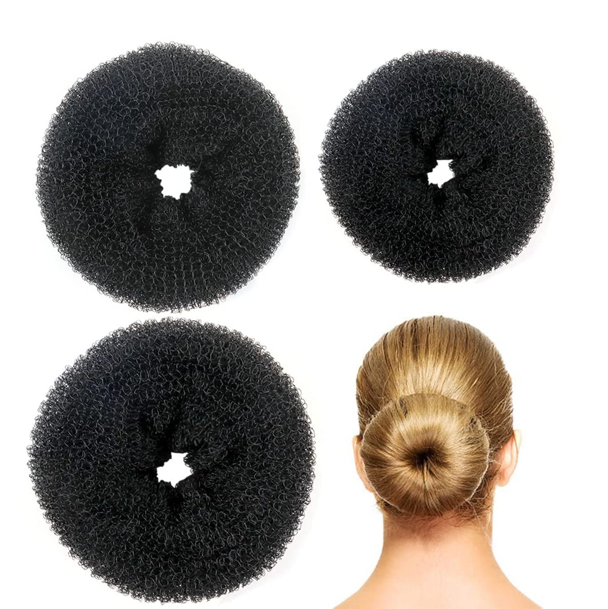 Donut Bun Maker, Ring Bun Maker Set, Safe and Durable, Soft and Elastic, Does Not Hurt Your Hair, Lightweight, No Burden, Suitable for All Hair Types, 1 Small, 1 Medium, 1 Large Total 3 Pcs, Black