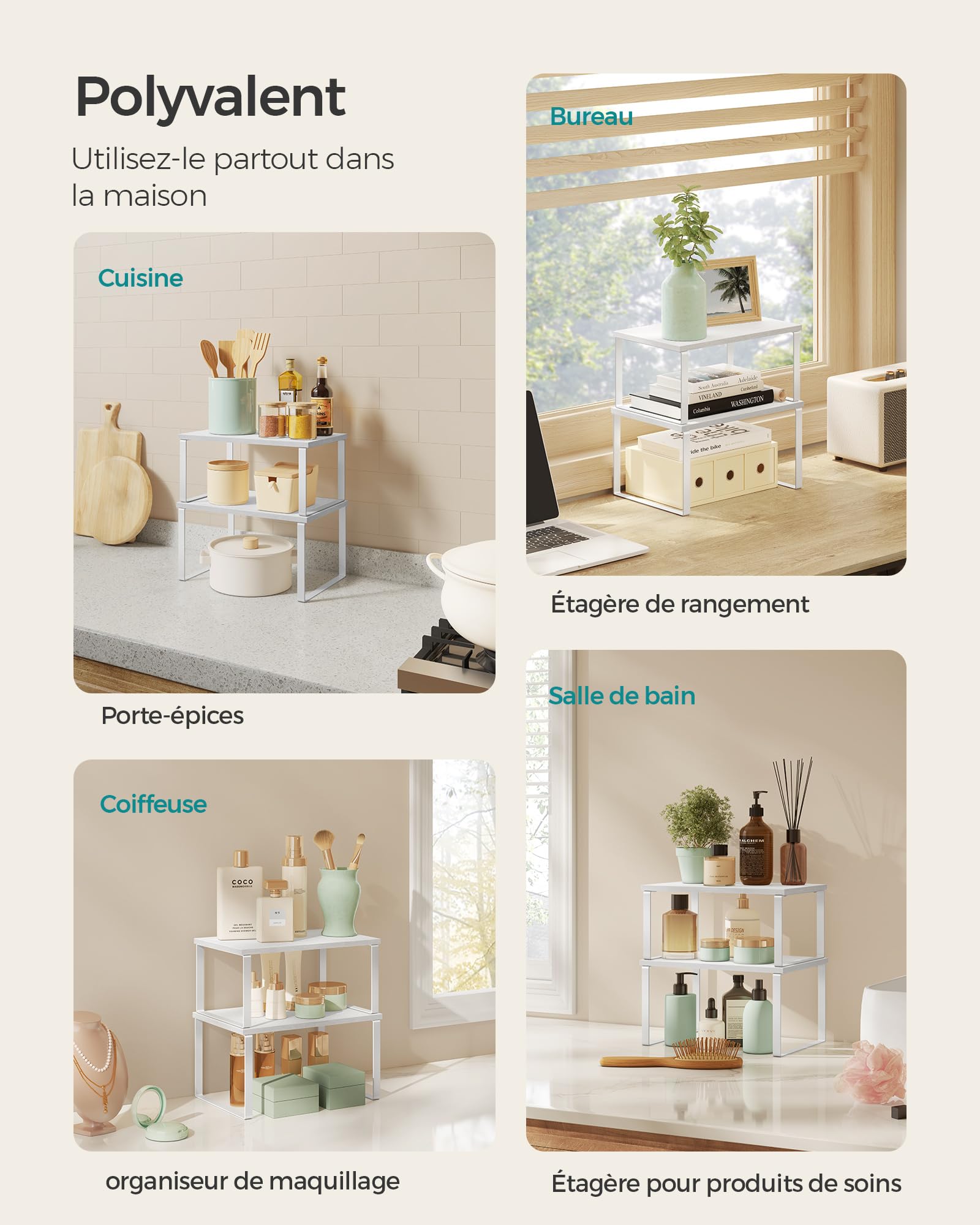SONGMICS Lot De 2 Étagères à Épices Extensibles - Organisateur Placard Cuisine Métal Bois Beige Noir - Empilables Jusqu'à 15kg