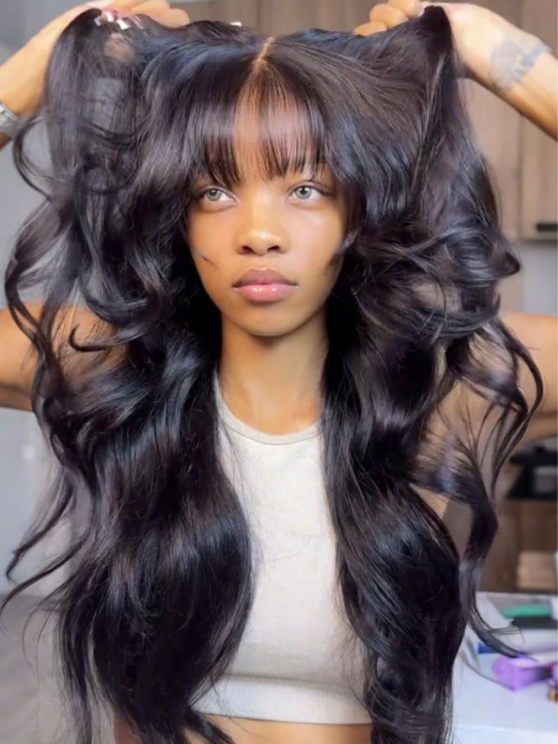 Beauty Forever Bye Bye Knots Glueless Fluffy Body Wave Curtain Bangs Wig Pre Plucked Pre Cut 7x5 Lace Front Human Hair Loose Wave Pre Bleached Pre Everything 3S Ready to Wear Wig 180% Density 20inch — view 2