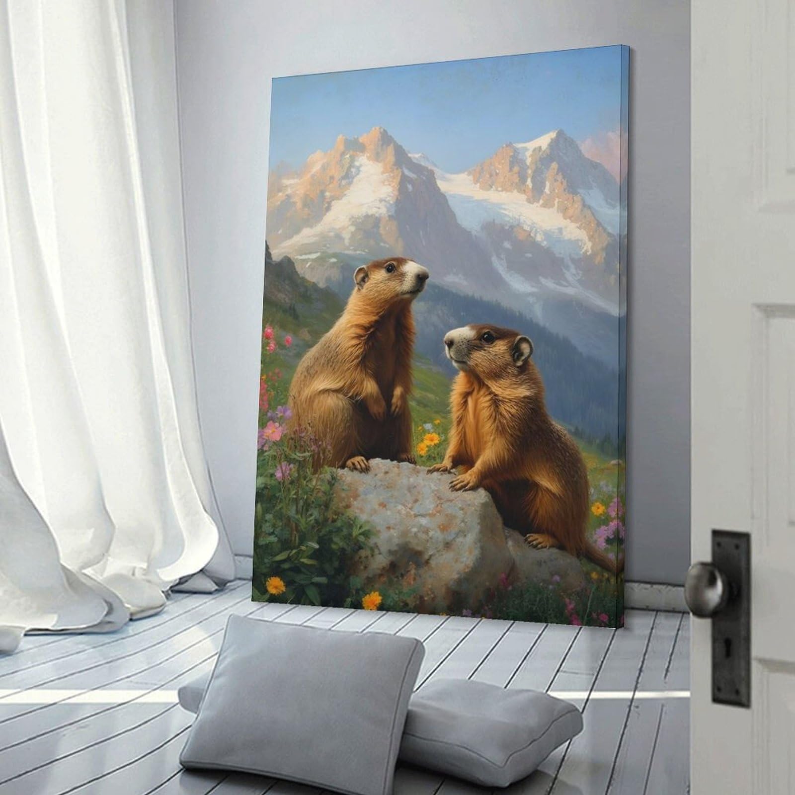 Junmoney Frame-Style-24 Wall Picture Print Two Marmots In Mountain Landscape Painting, 20X30inch(50X75cm), For Entrance Walls, Hall Decor Or Foyers, Home Artwork For First Impressions