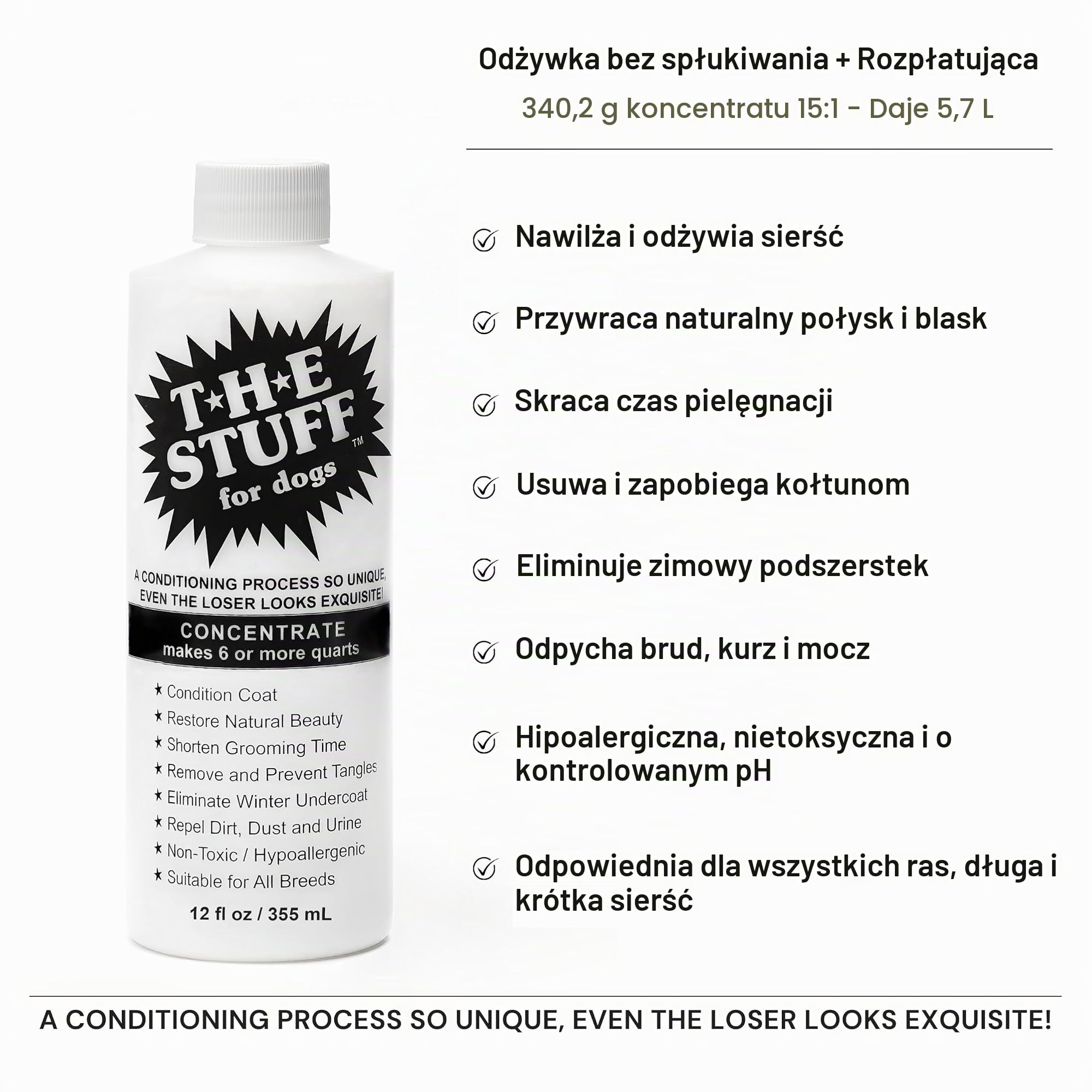 The Stuff Odżywka i rozczesywacz dla psów w sprayu, 350 ml, koncentrat 15:1, idealne rozwiązanie do zarządzania matową sierścią psa rozczesywania i usuwania sprayu