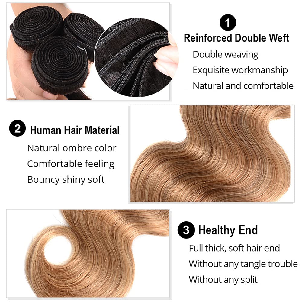Lakaisa 1B/27 Black Root Honey Blonde Color Bundles Human Hair Body Wave Weave 1 Bundle 100g 26 Inch Unprocessed Glueless Virgin Double Weft Weave Human Hair Extension - Image 3