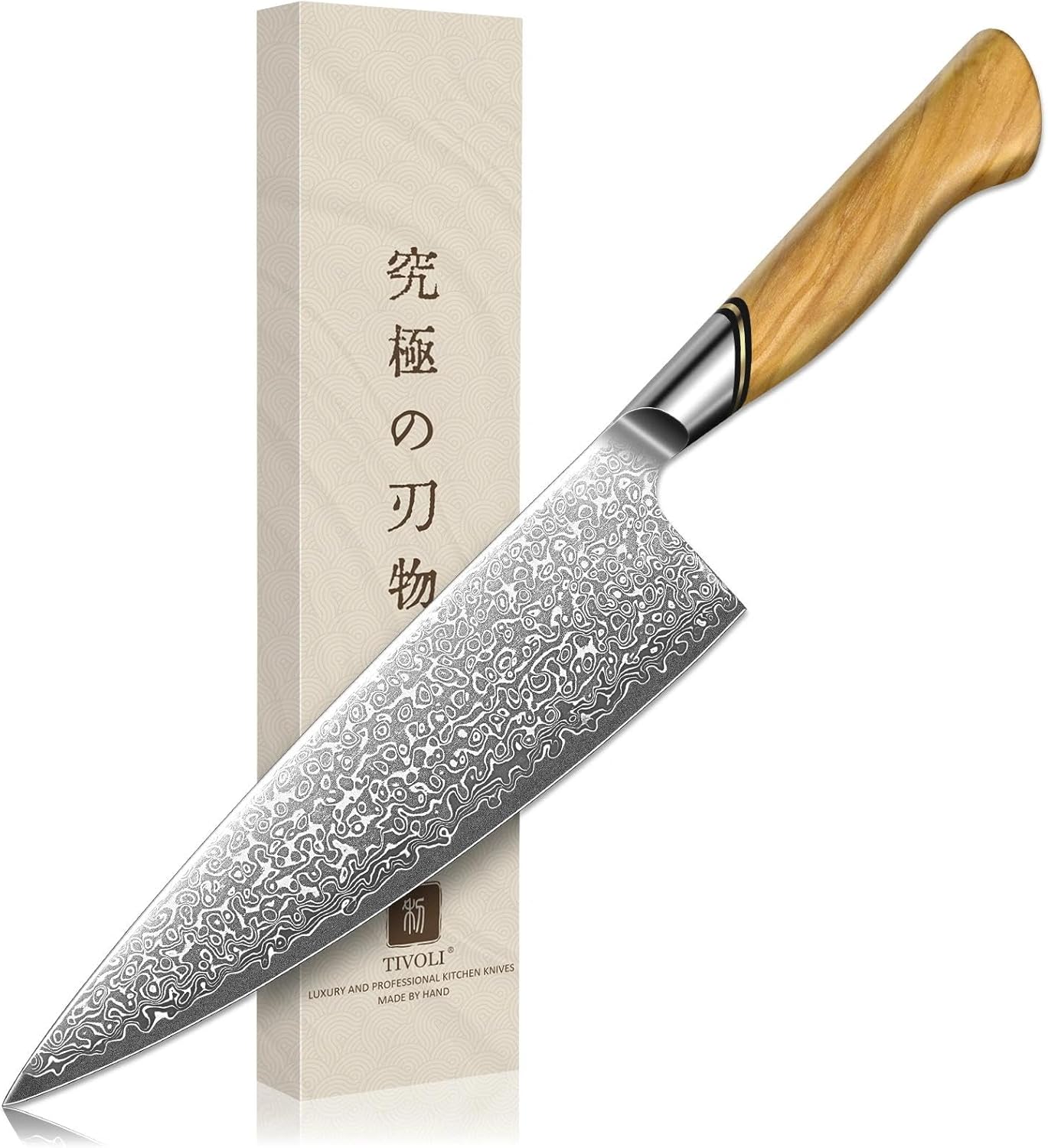 TIVOLI Damascus Chef Knife – Japanese VG-10 Professional Kitchen Knife for Meat and Vegetables with Ergonomic Olive Wood Handle, Gift Box Included, Ideal Gift for Dad & Mom