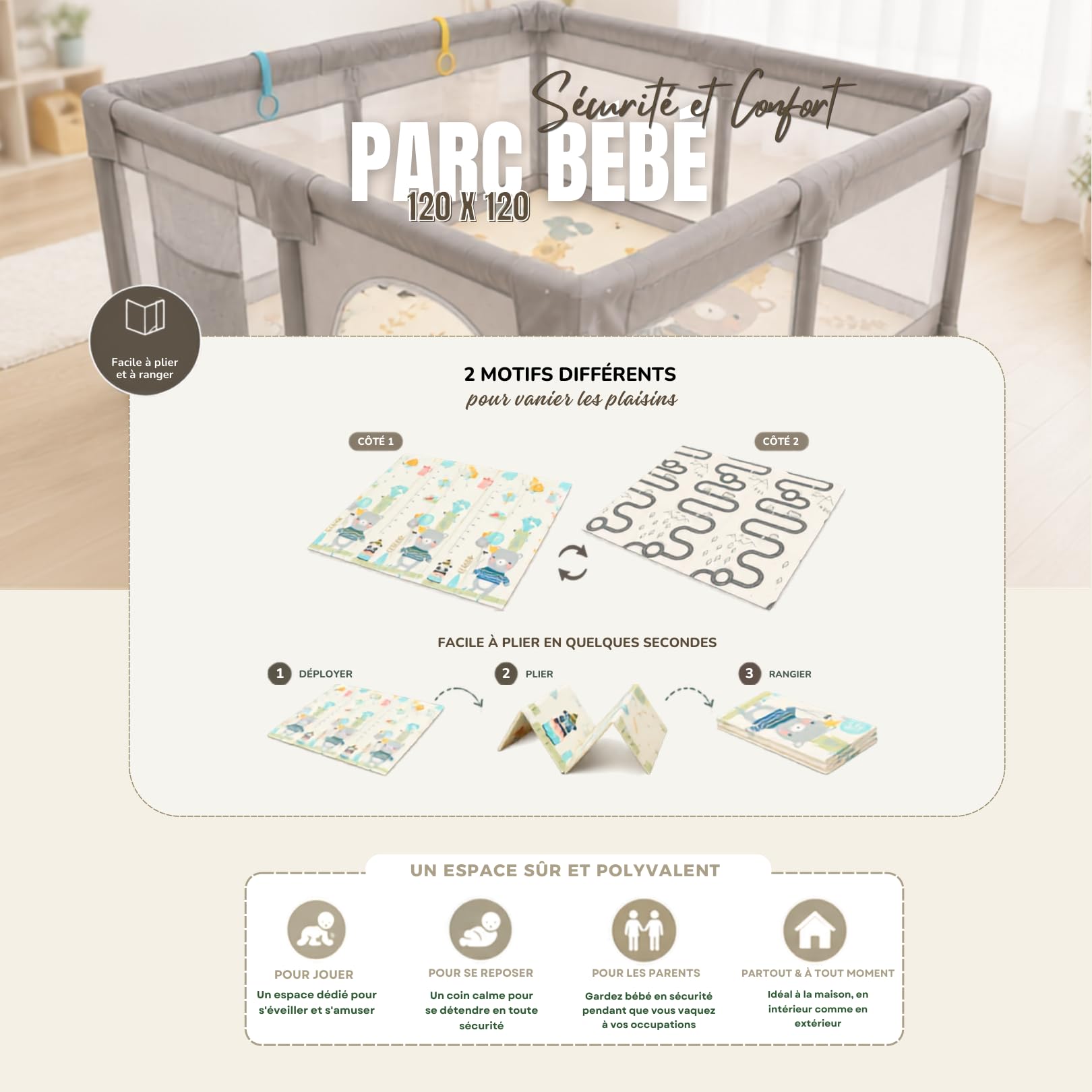 Parc Bébé 120x120cm - Tapis de sol inclus, Idéal Enfant & Bébé -Gris