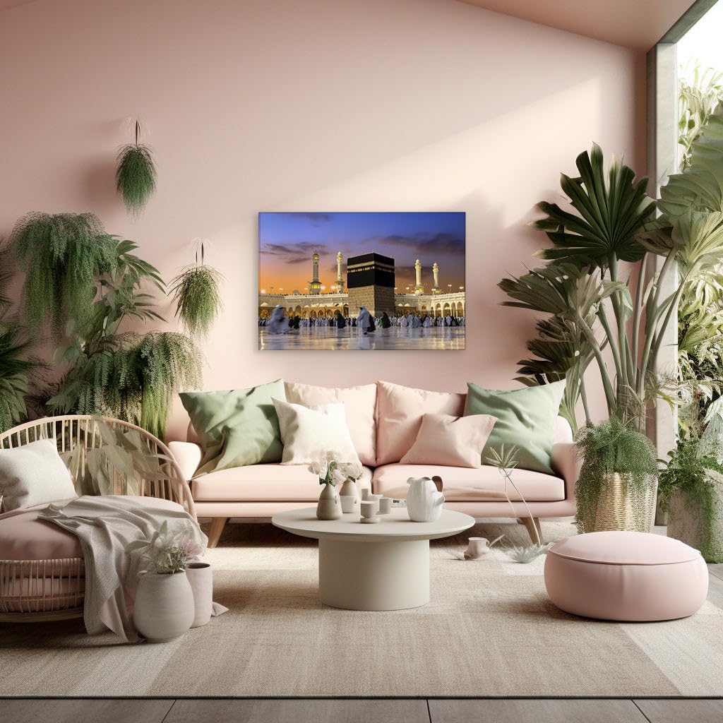 Canvas for Living room. Sunset Serenity at the Grand Mosque - The Kaaba at Heart of Pilgrimage, 27 x 18 inch Canvas Wall Art - Contemporary Masterpieces - Modern Home Decor