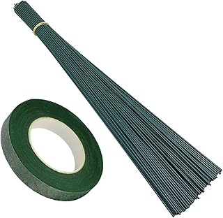 150 Pieces 18 Gauge Green Paper Covered Floral Wire Stems with Tape, Artificial Flower Making, for Crafts, Wreaths, Flower Arrangements and DIY Projects