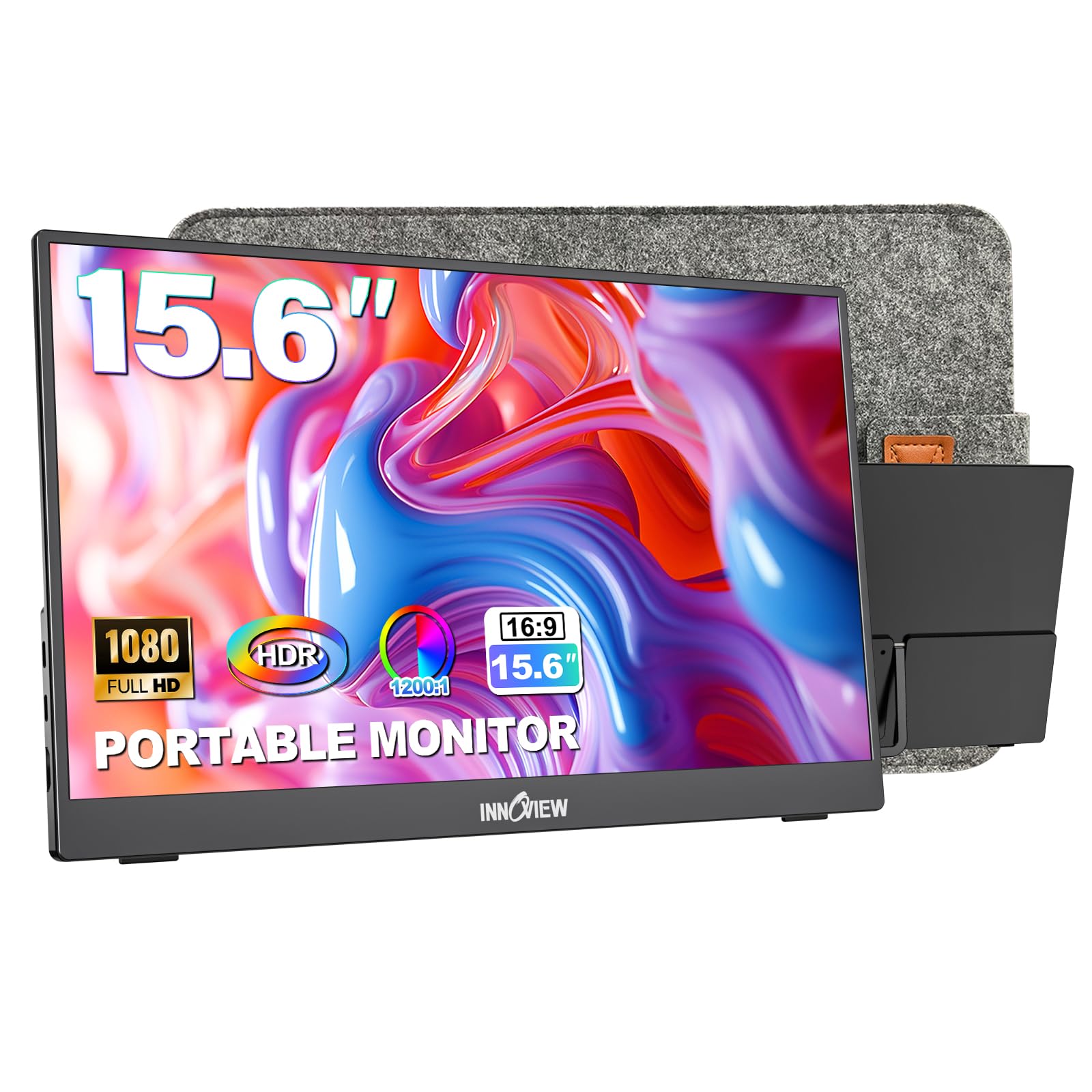 InnoView Portable Monitor 15.6" 1080P for Laptop with Protective Sleeve, Built-in 90° Adjustable Stand USB C HDMI Ultra-Slim Portable Laptop Monitor for MacBook Phone PS Xbox Switch