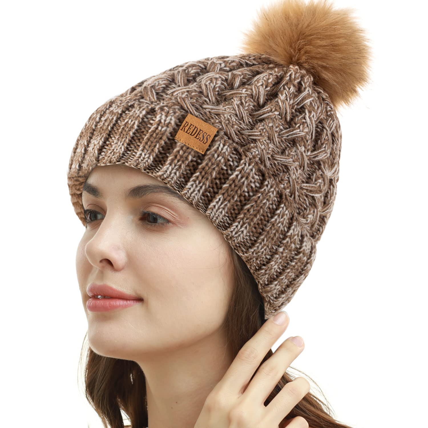 REDESS Cappello Invernale da Donna con Pompon con Pompon Cappelli Caldi Foderati in Pile, Berretto Incrociato in Maglia di Neve Spessa e Morbida per Le Signore