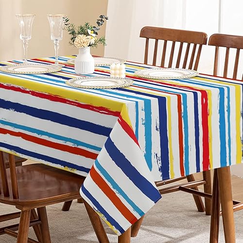 Miniatura 3 de Fascidorm Mantel a rayas, mantel de rayas coloridas, mantel redondo de verano para exteriores, impermeable, lavable, para primavera, verano,
