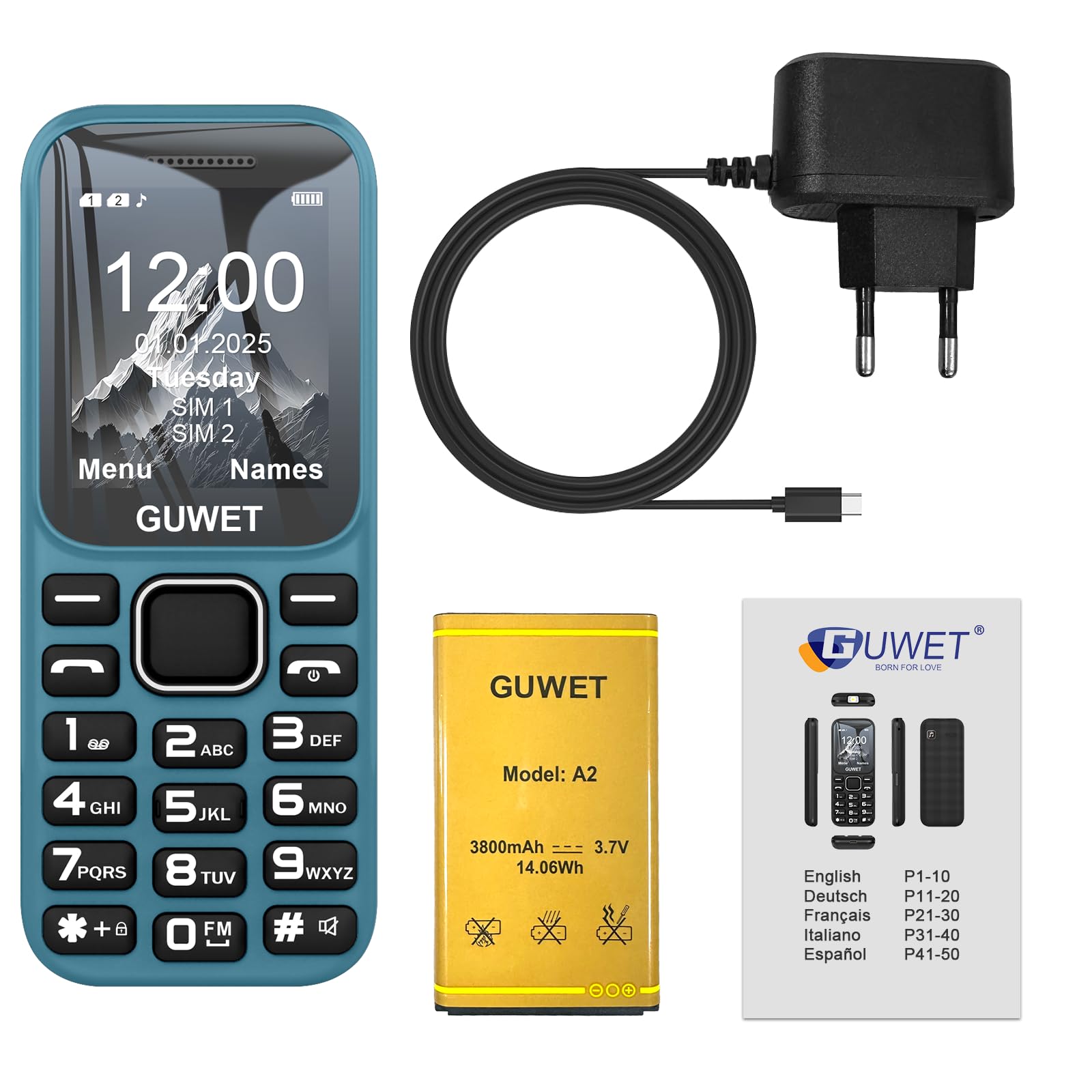 A2 2G Mobile Seniorenhandy ohne Vertrag, Großkapazitätsakku, Lange Standby-Zeit, Dual SIM mit Notruftaste, Rentner Handy große Tasten, Blau