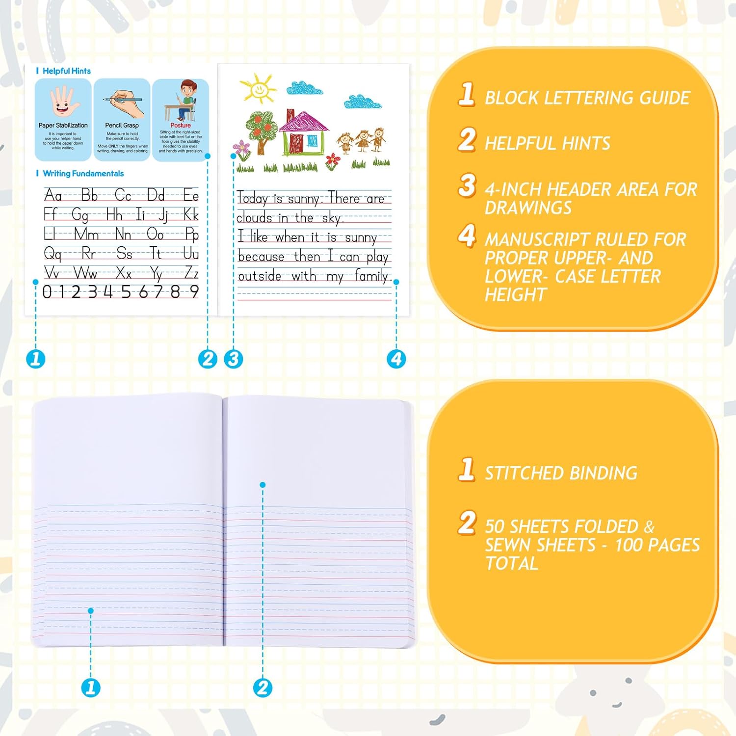 Watersay 48 Pcs Primary Composition Notebook K-2 with Picture Space Primary Journal Grades K-2 Animal Print 50 Sheet (100 Pages) Drawing and Writing Notebook for Preschool, 1st 2nd Grade (Blue Color)