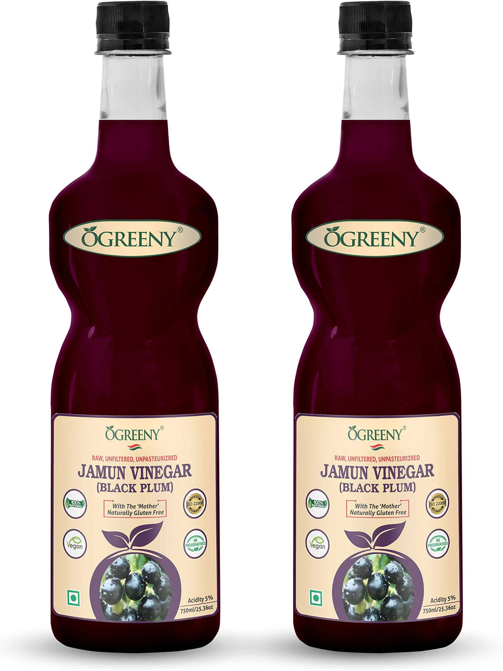 Ogreeny Jamun Vinegar with Mother 750 ml - Raw, Unfiltered & Undiluted (Made with Organic Jamun Fruits)-Pack of 2