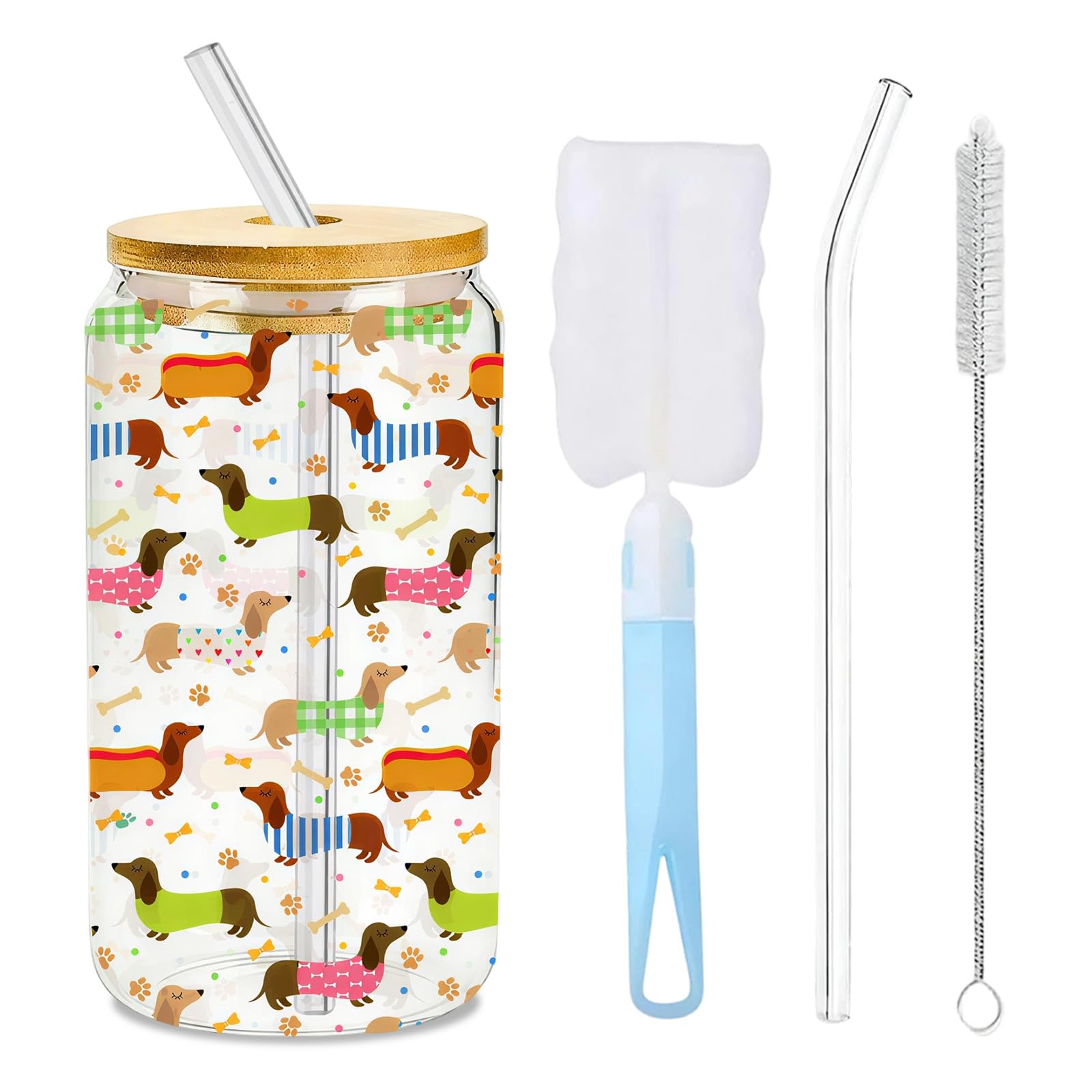 Aurelx Dachshund Gifts, Dachshund Iced Coffee Cups with Lids, 16oz Glass Cups with Lids and Straws, Cute Glass Tumbler for Iced Coffee, Smoothie, Juice and Cold Drinks