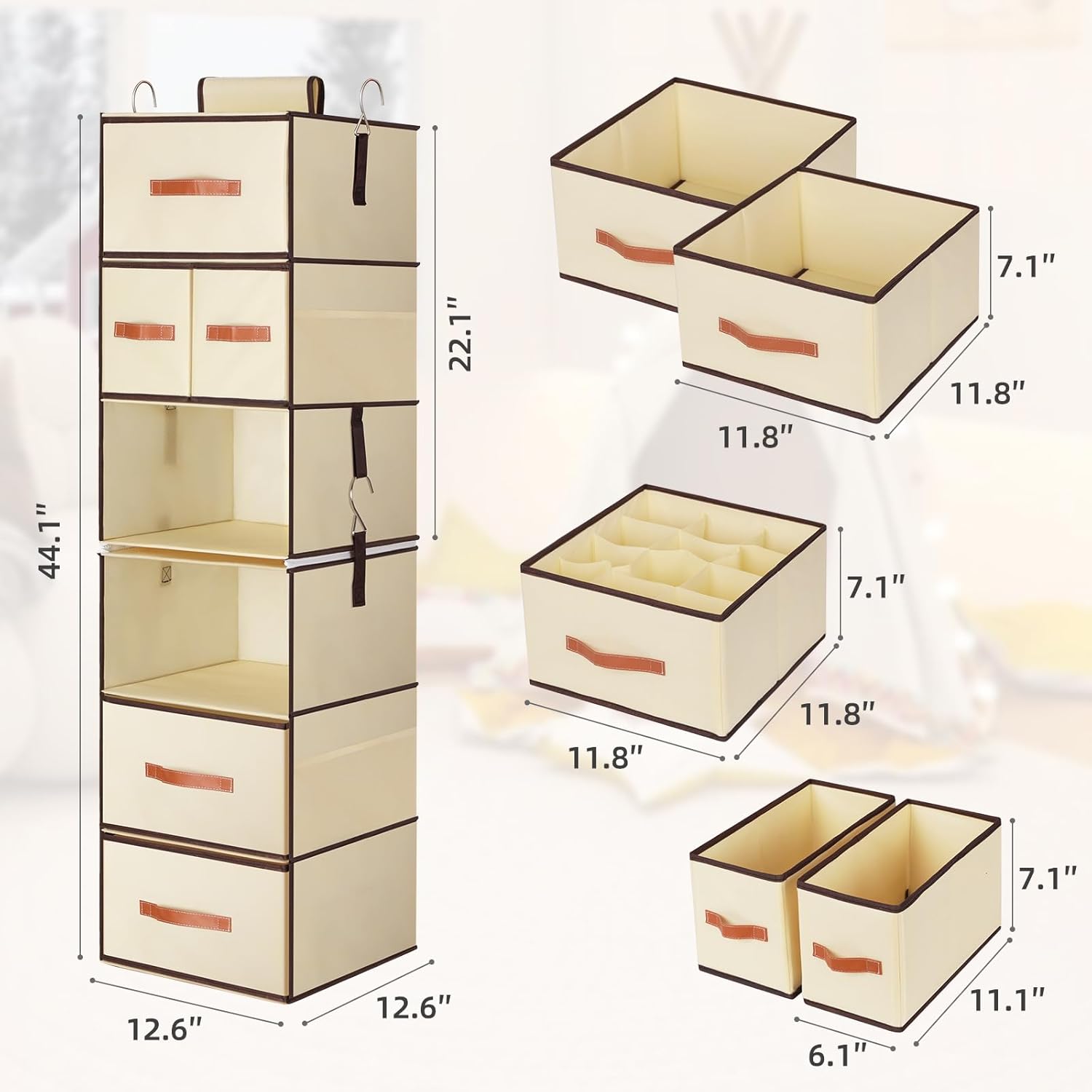 Hanging Closet Organizer 6-Shelf, Upgrade Hanging Shelves for Closet with 5 Removable Drawers & Side Pockets, Hanging Shelf Organizer for Bedroom or Garment Rack, 12.6'' x 12.6'' x 44.1'', Beige - Image 3