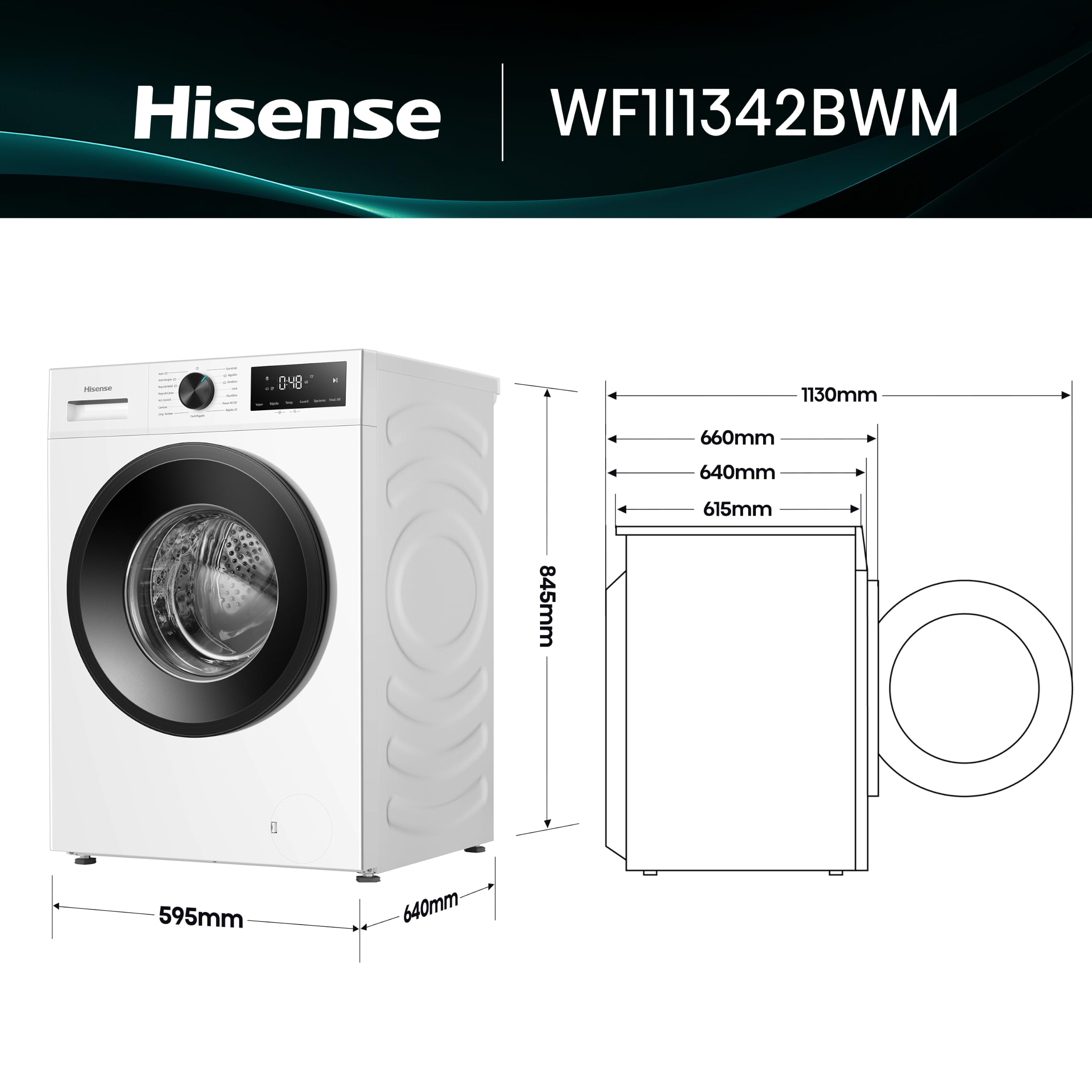 Hisense WF1I1342BWM - Lavadora 13 Kg, 1400 rpm, Clase A, Fondo 64cm, Lav. Power 49’ y Rápido 15', Dispensador Automix, Programa Lavado Auto, Función Antiarrugas, Función Vapor 99,9%, Blanco