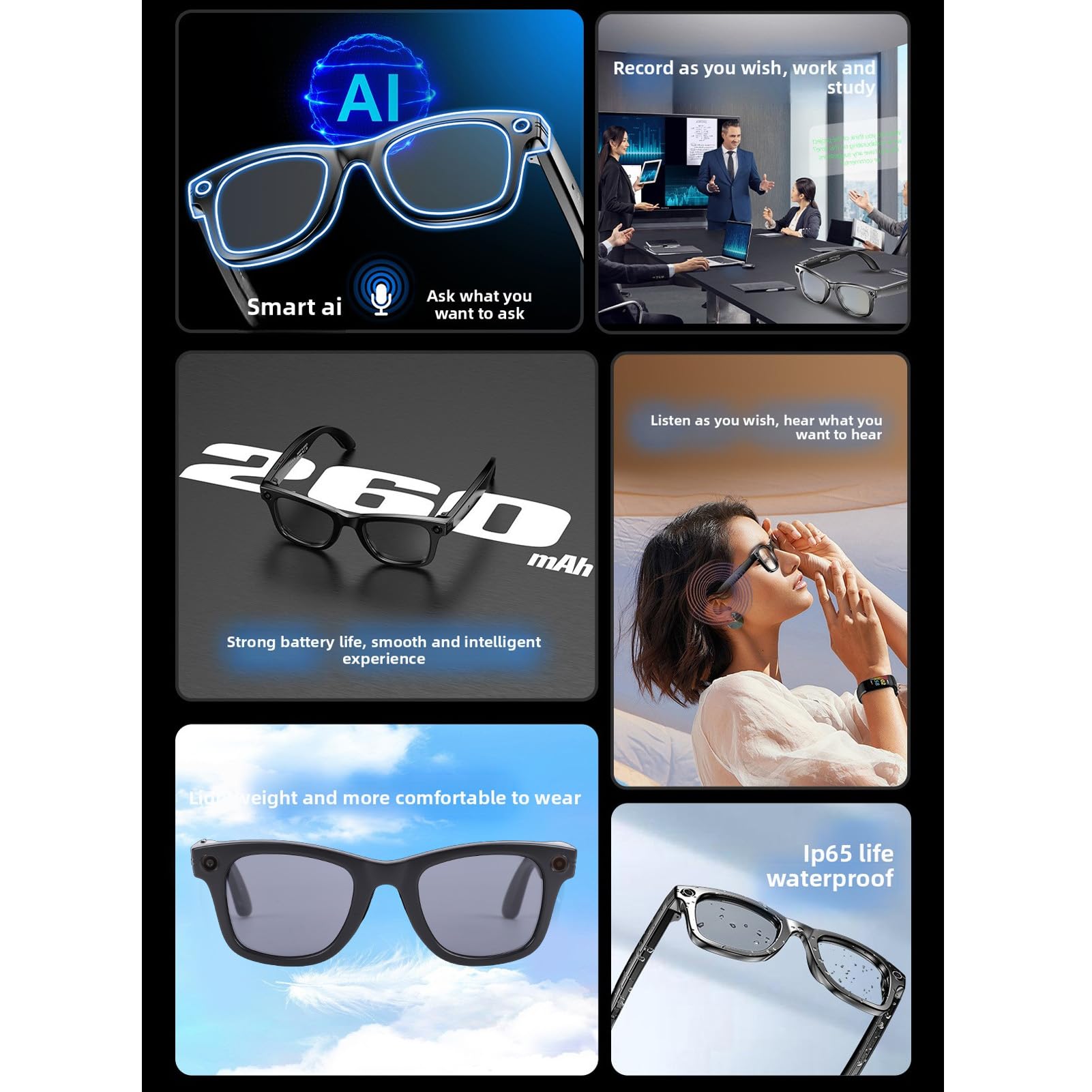 Jectse Lunettes Intelligentes AI, Lunettes Bluetooth avec Caméra HD avec Prise en Charge ChatGPT pour L'enregistrement de Voyage à Vélo en Plein Air, Vidéo 720P 2 Heures de Lecture