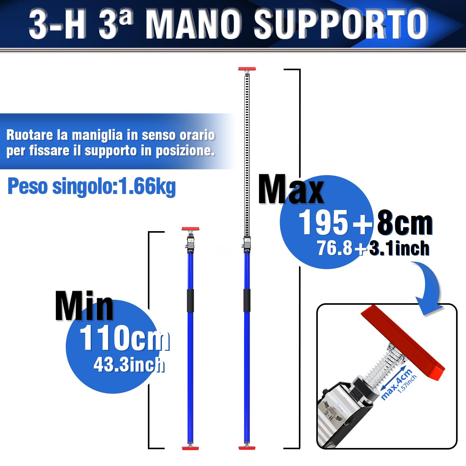 3-H Asta di supporto telescopica di terza mano, resistente, barre di carico, asta di supporto interamente in acciaio per armadietti, martinetti e cartongesso, capacità 74,8 kg e si estende da 110 a