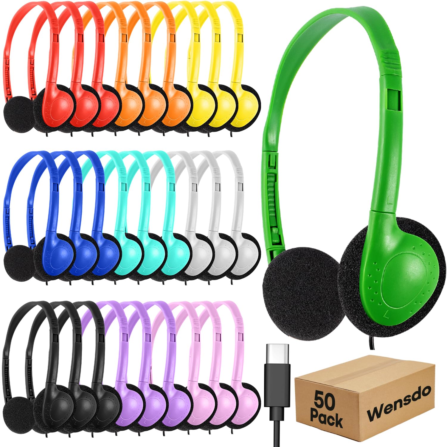 USB-C Klassenzimmer-Kopfhörer, Großhandel, langlebig, On-Ear-Kopfhörer, Typ C, kompatibel mit Chromebook, Tablet, Laptop (HY857C, 50 gemischt)