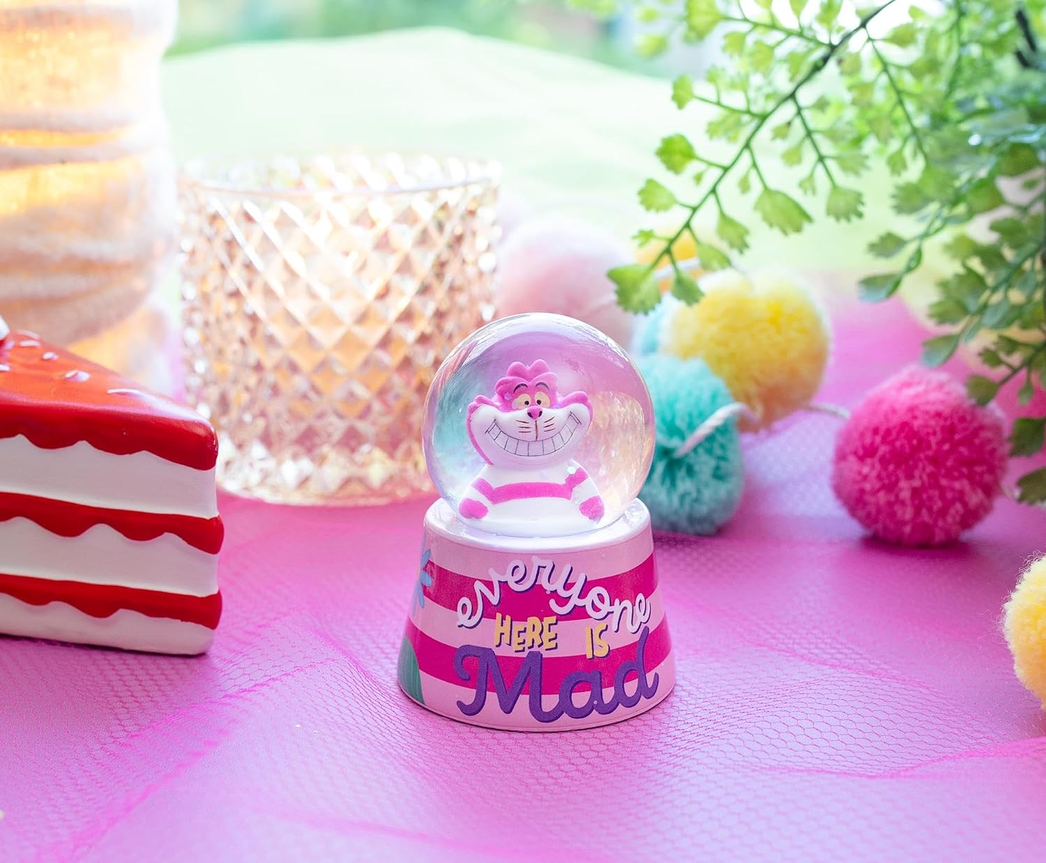Silver Buffalo Alice in Wonderland Cheshire Cat Mad Stripes Boxed 45mm Light Up Snow Globe