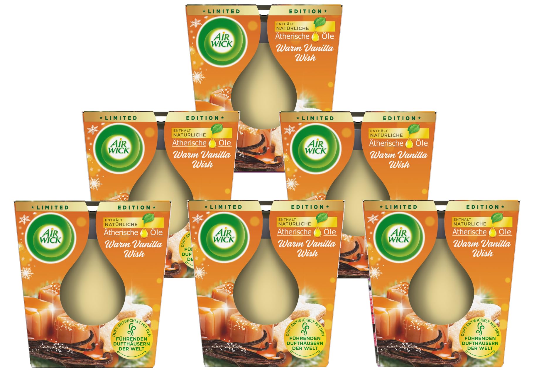 Air Wick Vela aromática en tarro de cristal, aroma cálido de vainilla, hasta 20 horas de combustión, contiene aceites esenciales naturales, 6 x 105 g, color amarillo