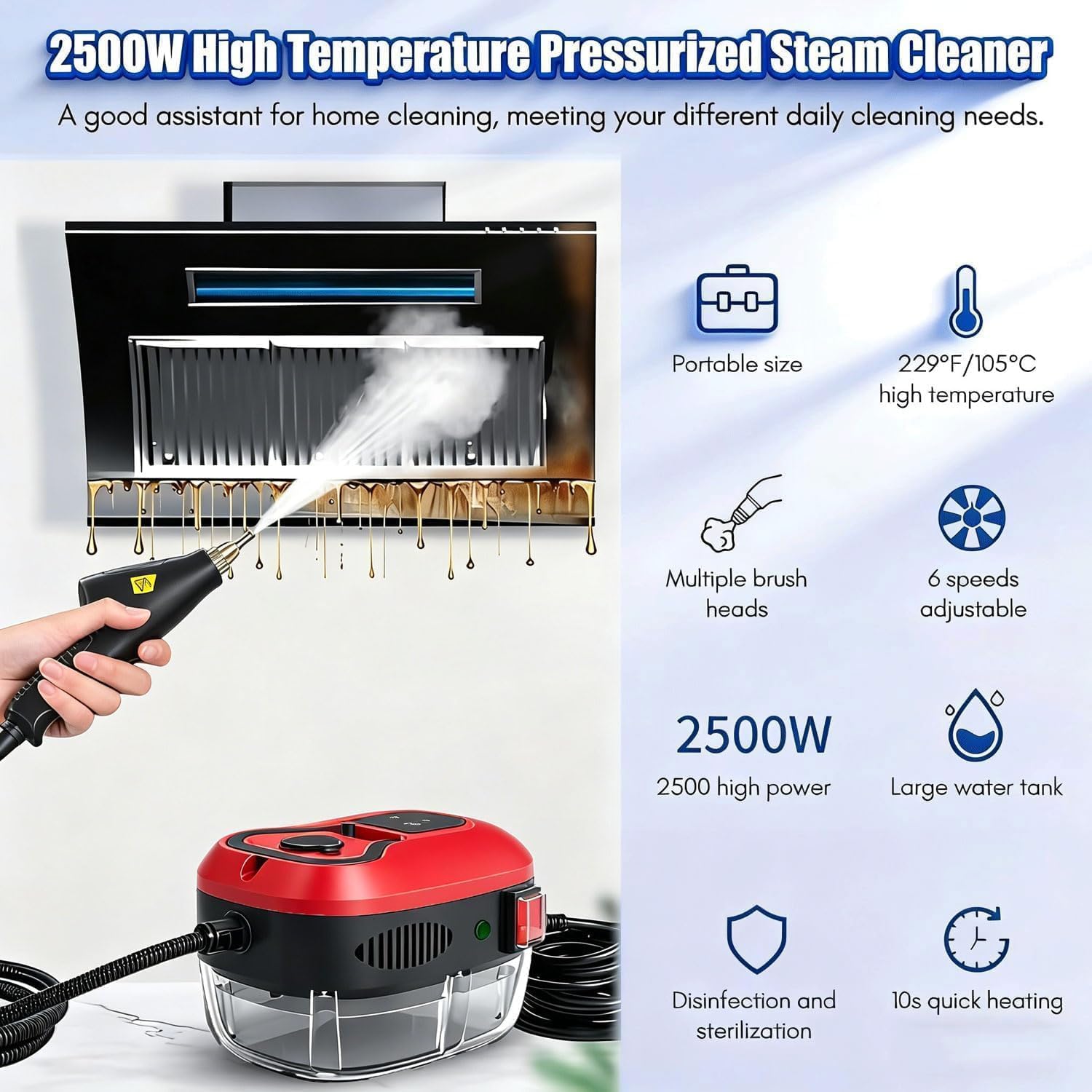 2500W Handheld High-Temperature Pressurized Steam Cleaner, 10s Fast Heat, 36oz Tank, 60-Min Runtime, 6-Speed Multi-Surface Steamer with 3 Heads for Home, Kitchen, Bath & Car (#A)