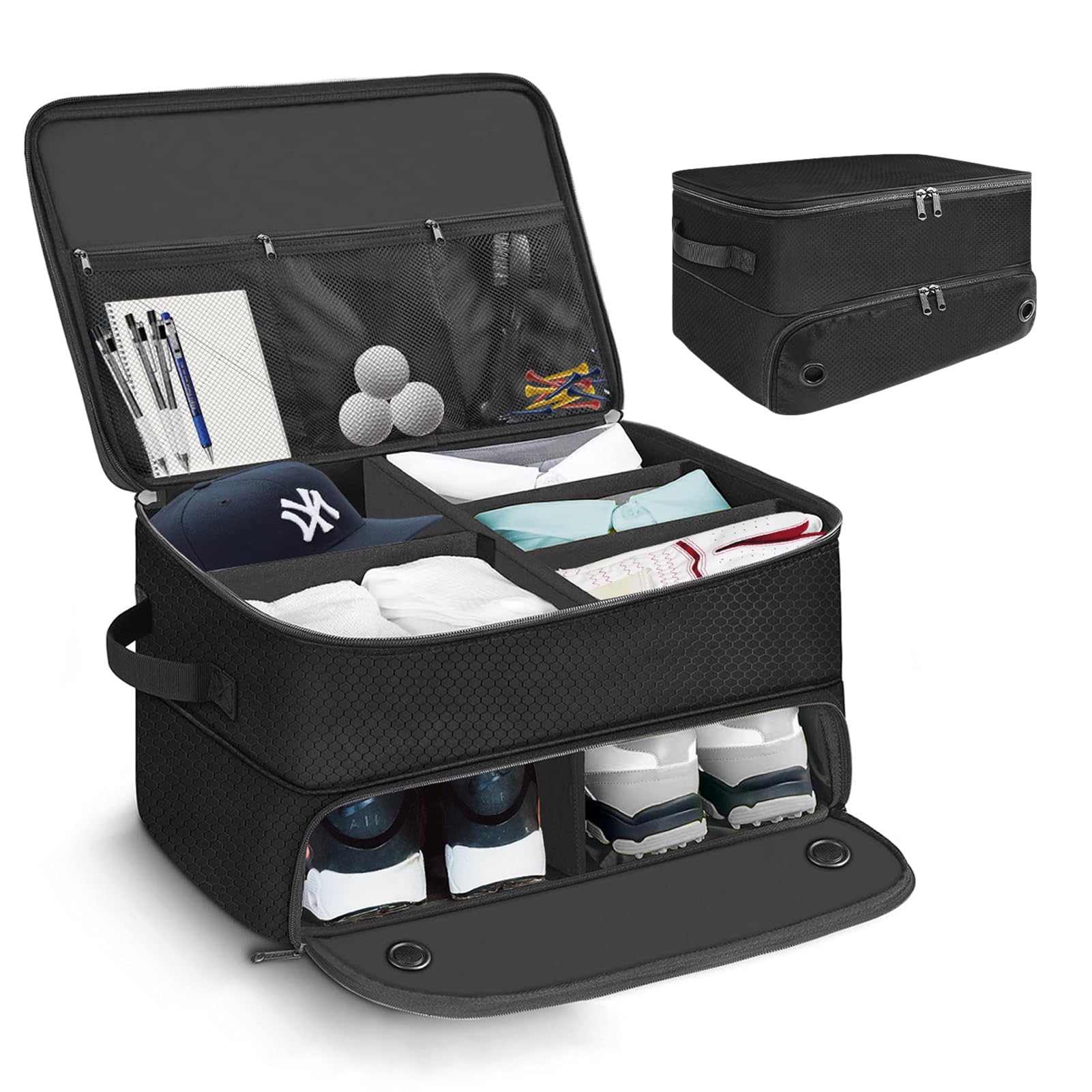 VOPHIA Organizer per Bagagliaio da Golf a 2 Strati con Scomparto Separato per 2 Paia di Scarpe da Golf Impermeabile armadietto da Golf per riporre Accessori da Golf Pieghevole e Pieghevole da Viaggio