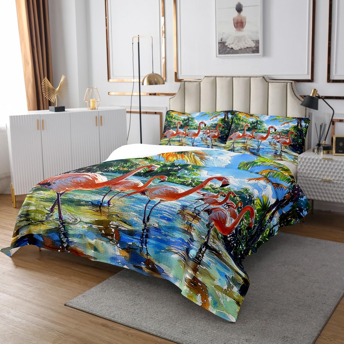 Manfei Flamingo Quilts Set for Kids Boys,Tropical Palm Leaves Plants 3Pcs Bedspread Coverlet Set,Abstract Summer Beach Bed Cover Set,Tie Dyed Art Bedspread Coverlet with 2 Pillowshams (Queen Size)