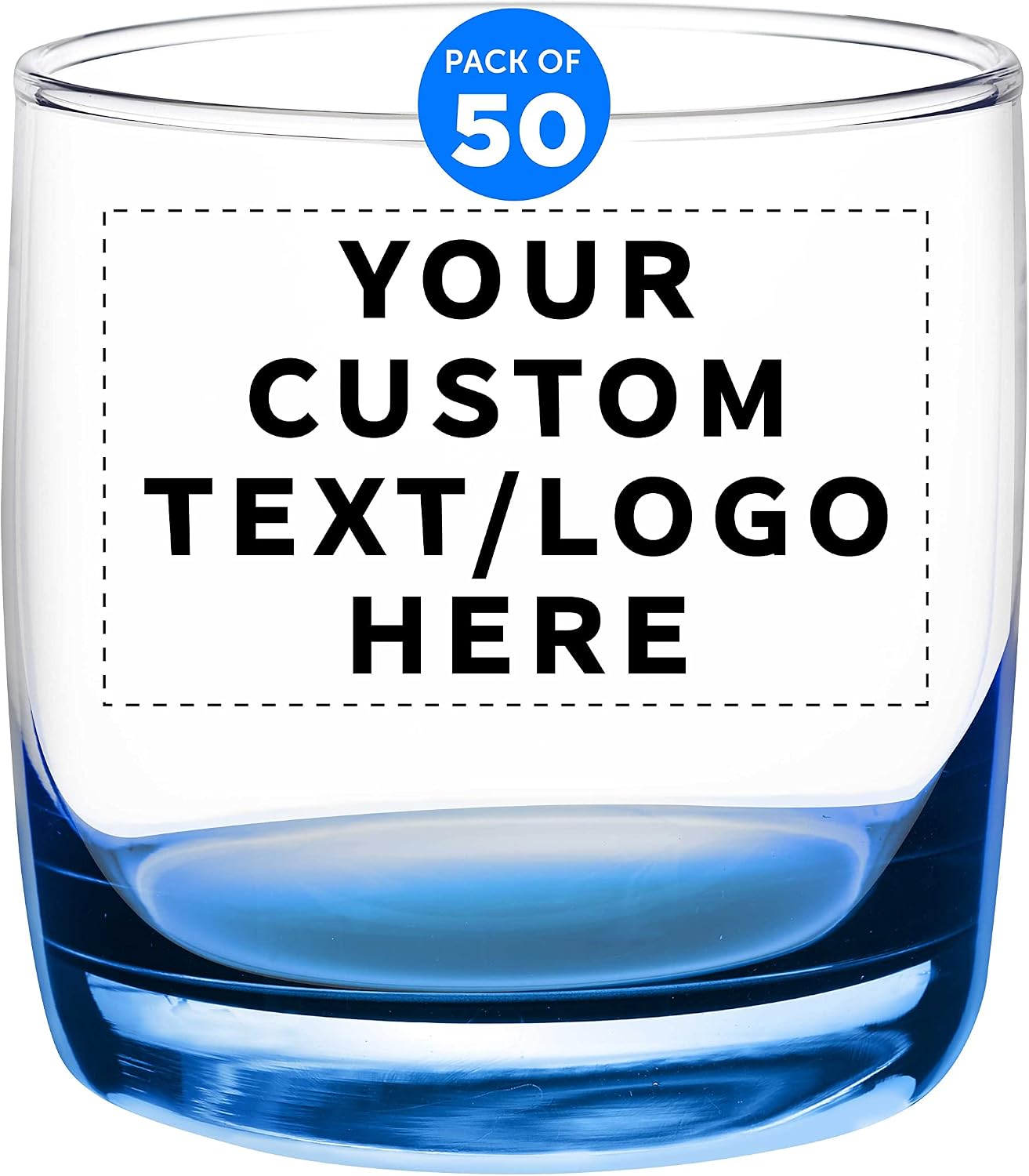 Custom Whiskey Glasses 10 oz Set of 50, Personalized Bulk Pack - Heavy Base Old Fashioned Glass, Perfect for Scotch, Bourbon, Whiskey, Cocktail - Blue