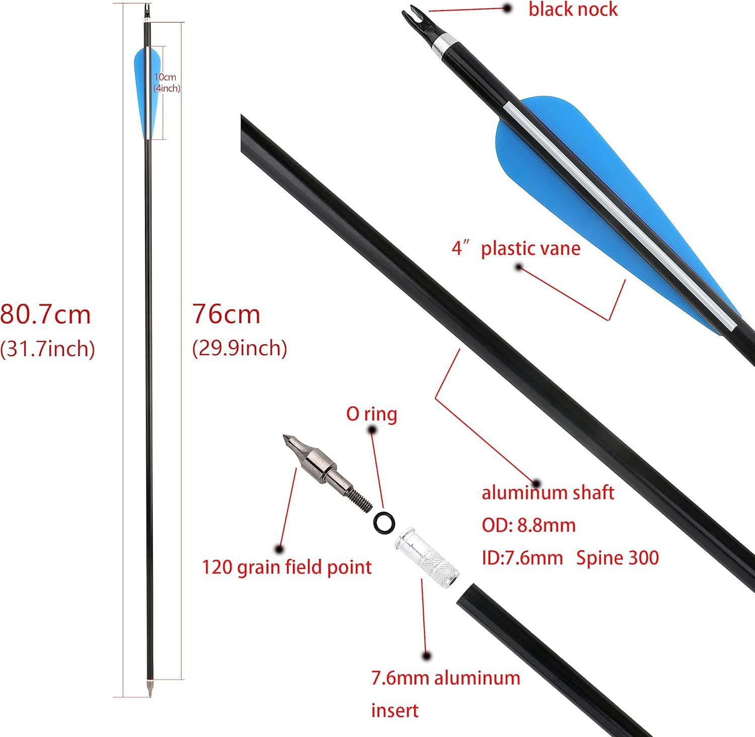 AMEYXGS 12 Pack 30 Inch Archery Aluminum Arrows Spine 300 Hunting Arrows Target Practice Arrow with Field Point for Recurve Bow or Compound Bows
