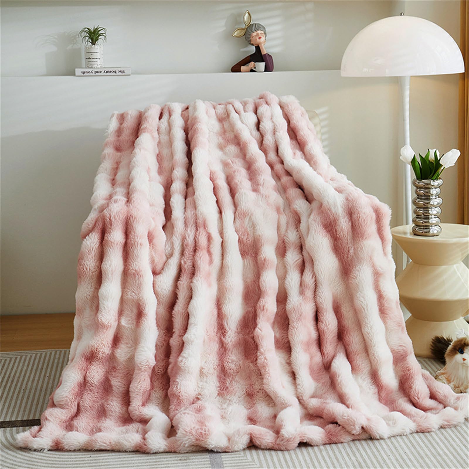 FASCINATDECO Faux Rabbit Fur Luxury Plush Sherpa Throw Blanket Reversible Fuzzy Warm Cozy Fluffy Fur Blanket for Bed Sofa Couch Home Decor, 100x160cm, Tie Dye Pink