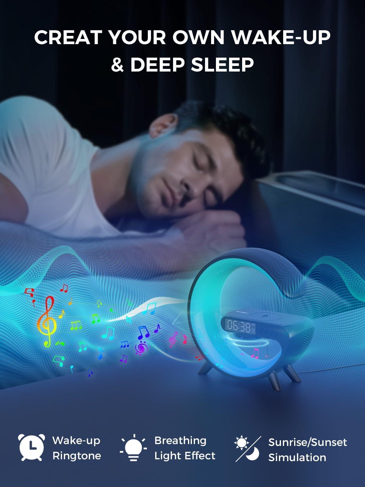 Smiling Shark Lampe de Réveil Intelligente avec Charge Sans Fil, Haut-Parleur Bluetooth, 10 Modes Lumière