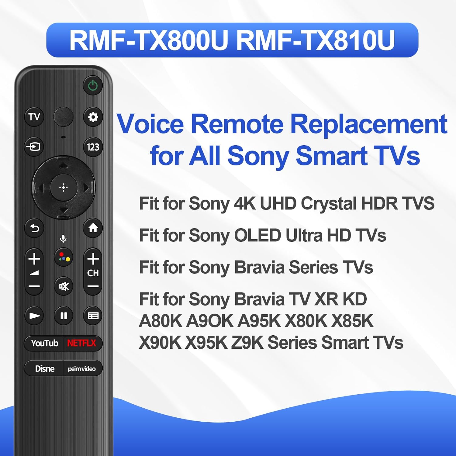Qzanyee Life RMF-TX800U Voice Remote Control listing compatible Sony TV series types.