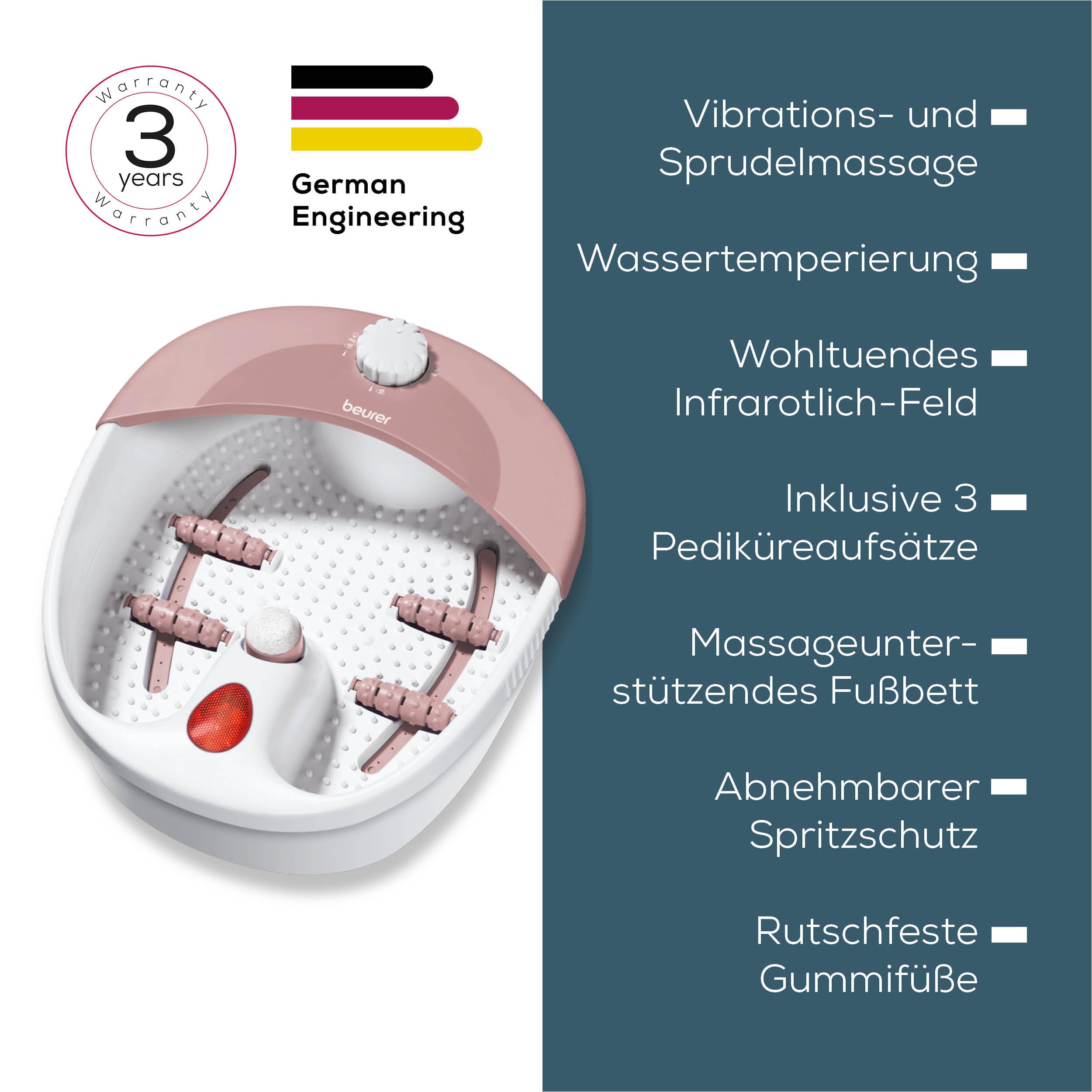 Beurer FB 20 Fußspudelbad, entspannende Sprudel- & Vibrationsmassage mit 3 Funktionsstufen, wohltuendes Infrarotlicht-Feld, Pediküre-Aufsätze, Spritzschutz, rutschfeste Gummifüße