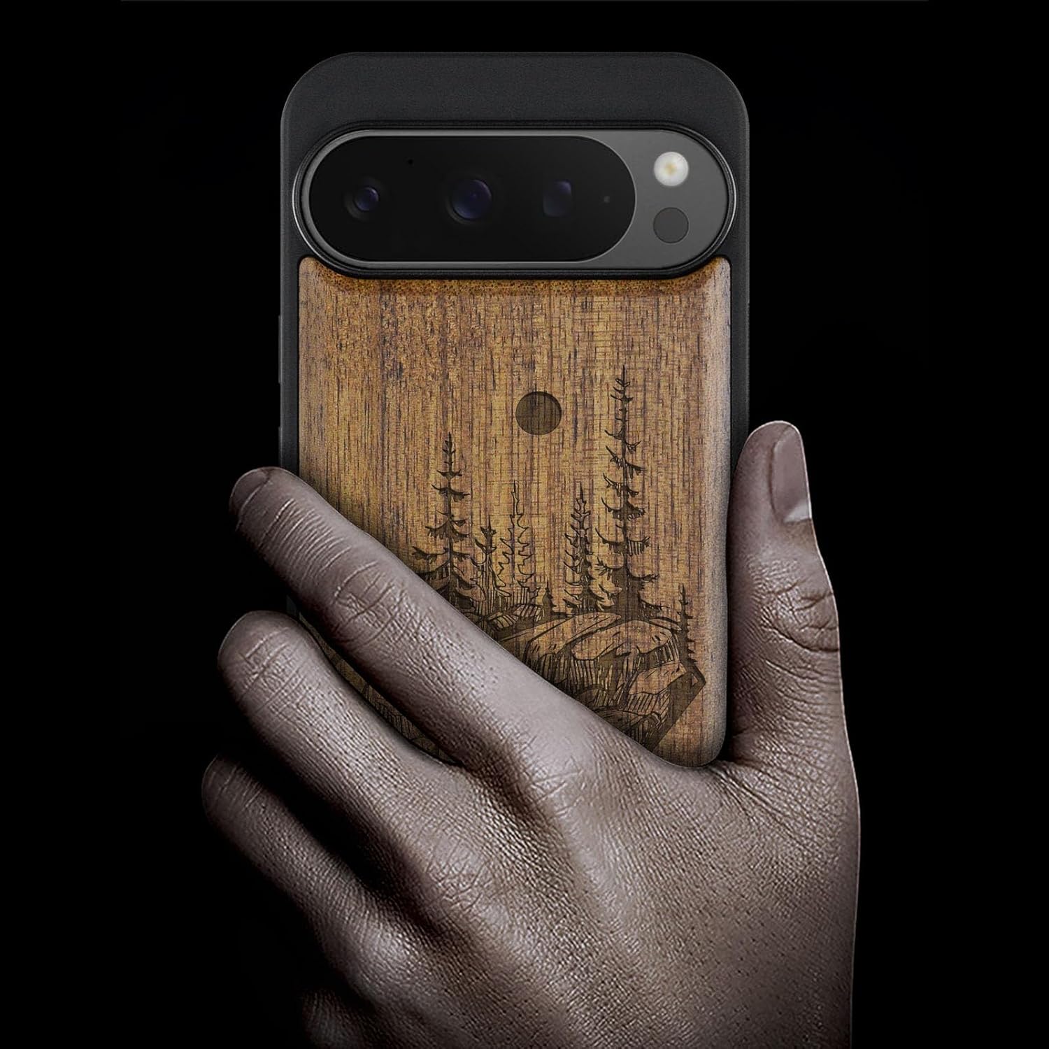 Carveit Magnetic Wooden Case for Google Pixel 9 Pro XL Case, Wood Artisan Engraved & Soft TPU Shockproof Cover, Compatible with MagSafe Wireless Chargers (Forest and Waterfall) Walnut