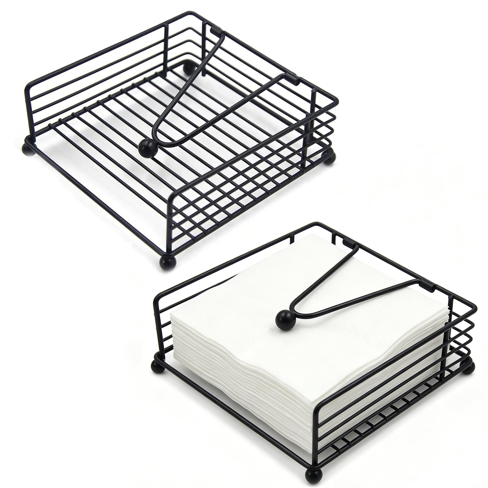 2 Pcs Napkin Holders for Tables, Metal Flat Serviette Holder with Weighted Arm Napkin Tray Square Napkins Dispenser Black for Kitchen Restaurants Cafes Picnic